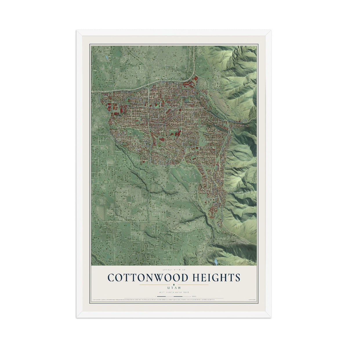 Map of Cottonwood Heights, Utah, 12 x 18 inch print in a white wood frame
