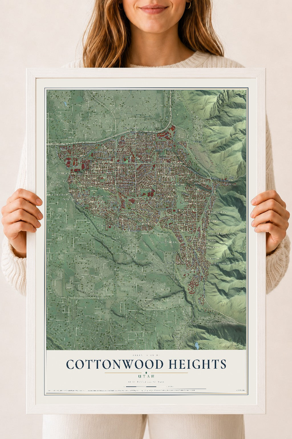 Map of Cottonwood Heights, Utah, 18 x 24 inch print in a white wood frame