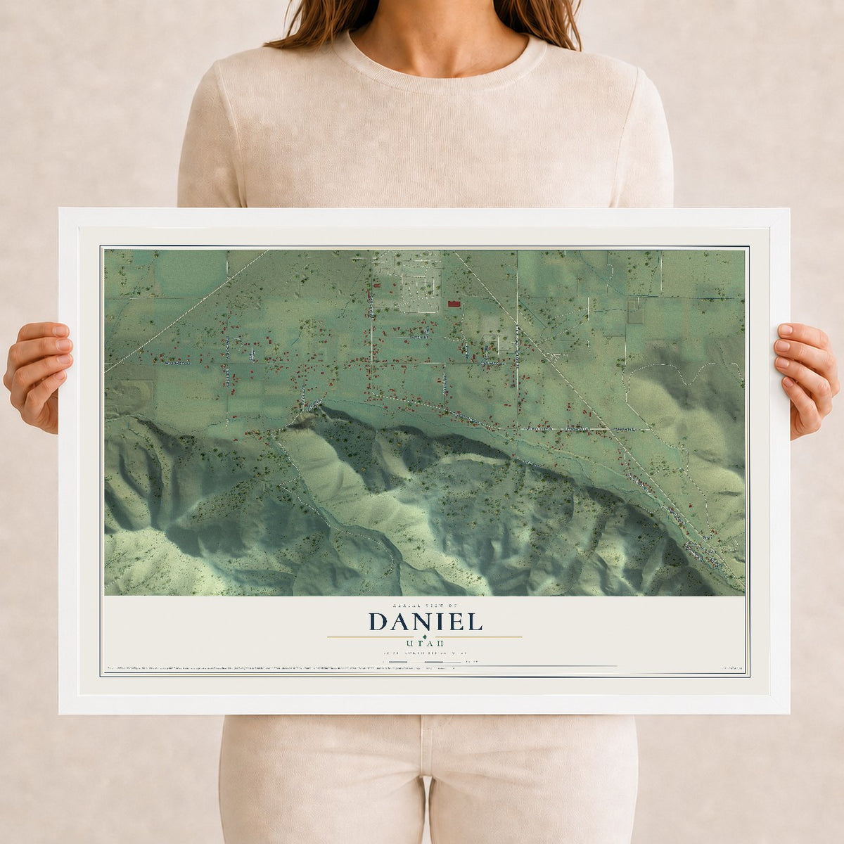 Map of Daniel, Utah, 12 x 18 inch print in a white wood frame