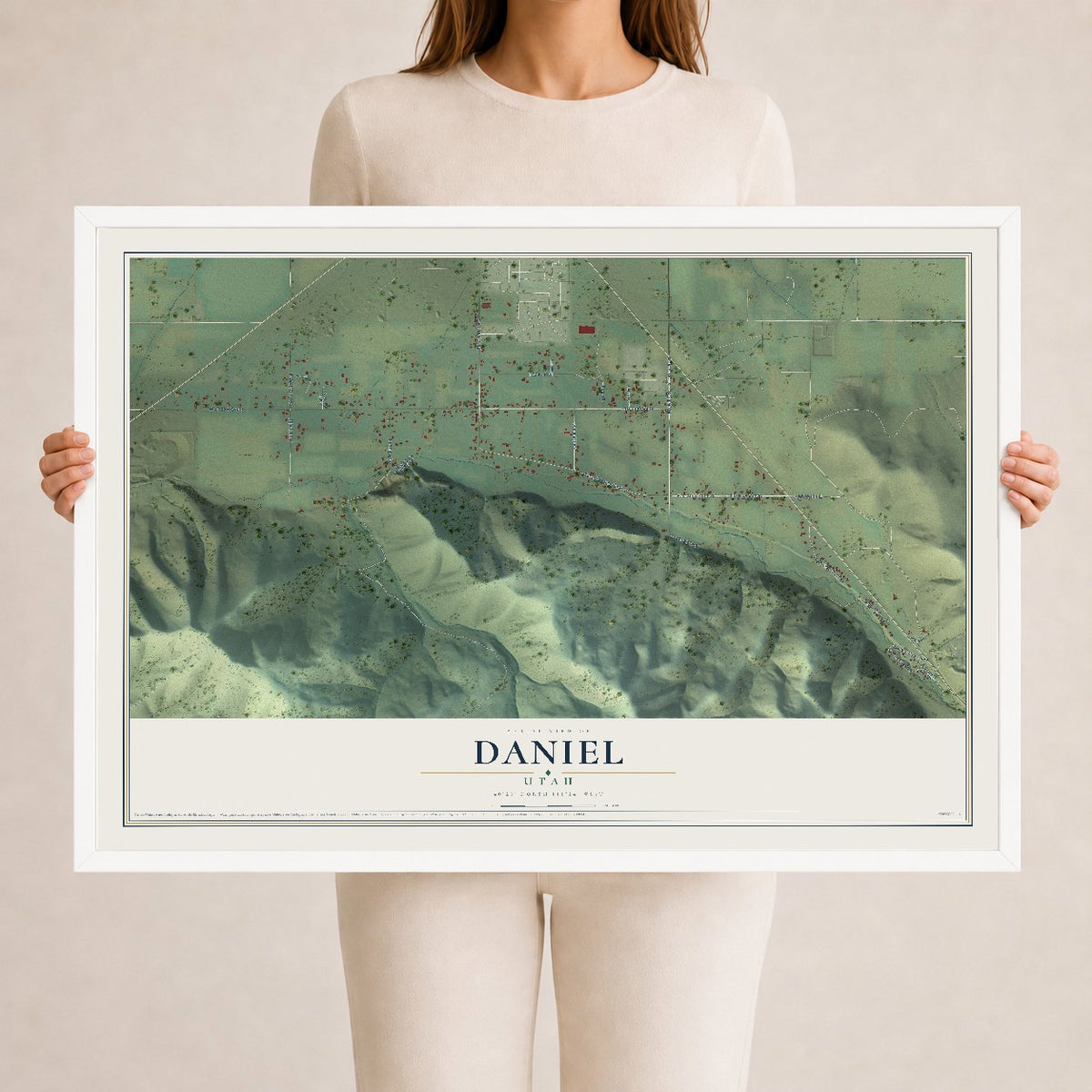 Map of Daniel, Utah, 24 x 36 inch print in a white wood frame