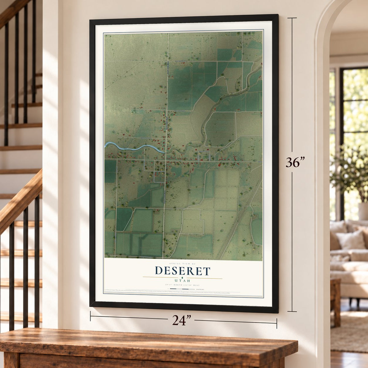 Deseret, Utah map, 24 x 36 inch print in a black frame by a staircase