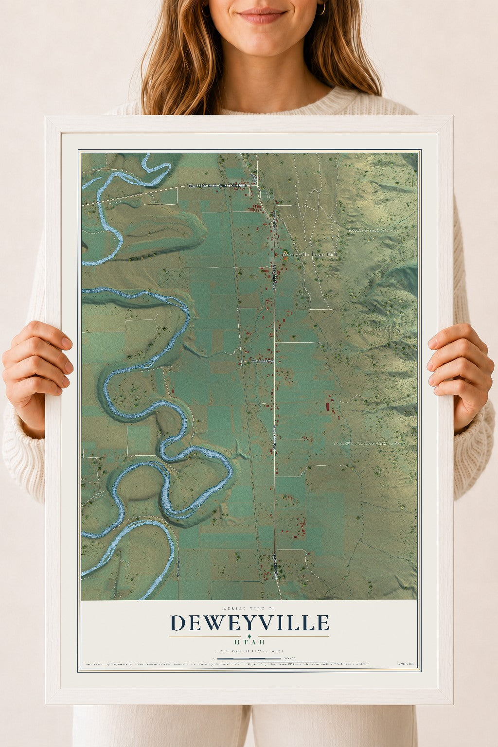Map of Deweyville, Utah, 18 x 24 inch print in a white wood frame