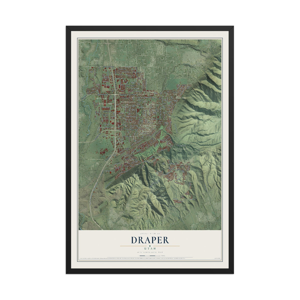 Map of Draper, Utah, 12 x 18 inch print in a black wood frame