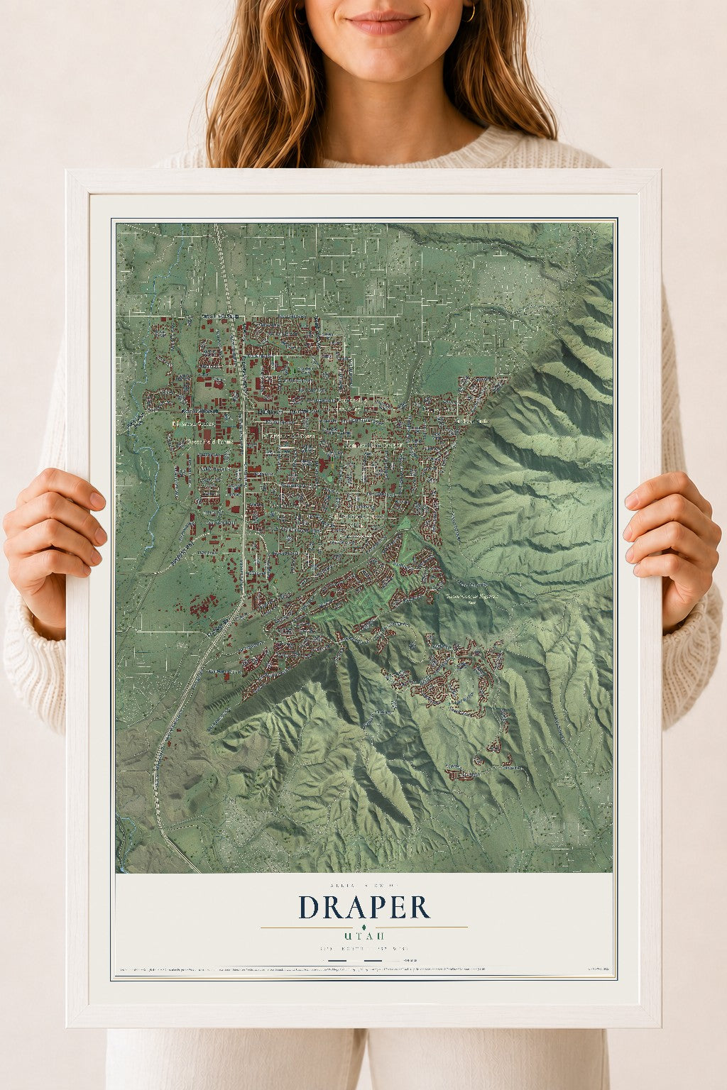 Map of Draper, Utah, 18 x 24 inch print in a white wood frame