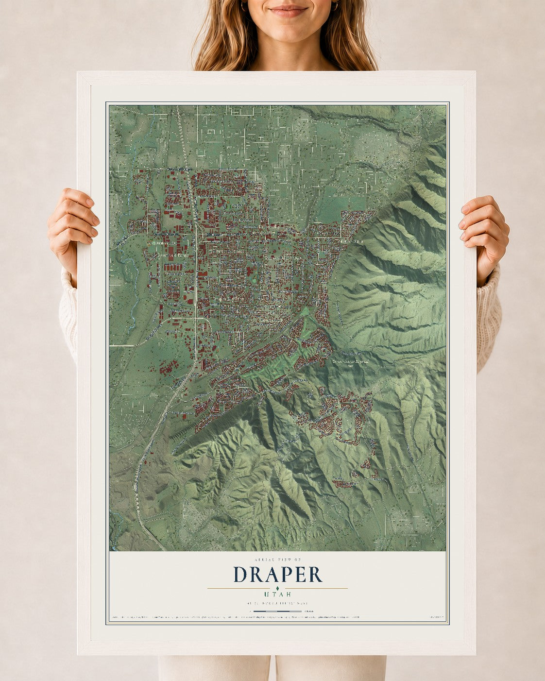 Map of Draper, Utah, 24 x 36 inch print in a white wood frame