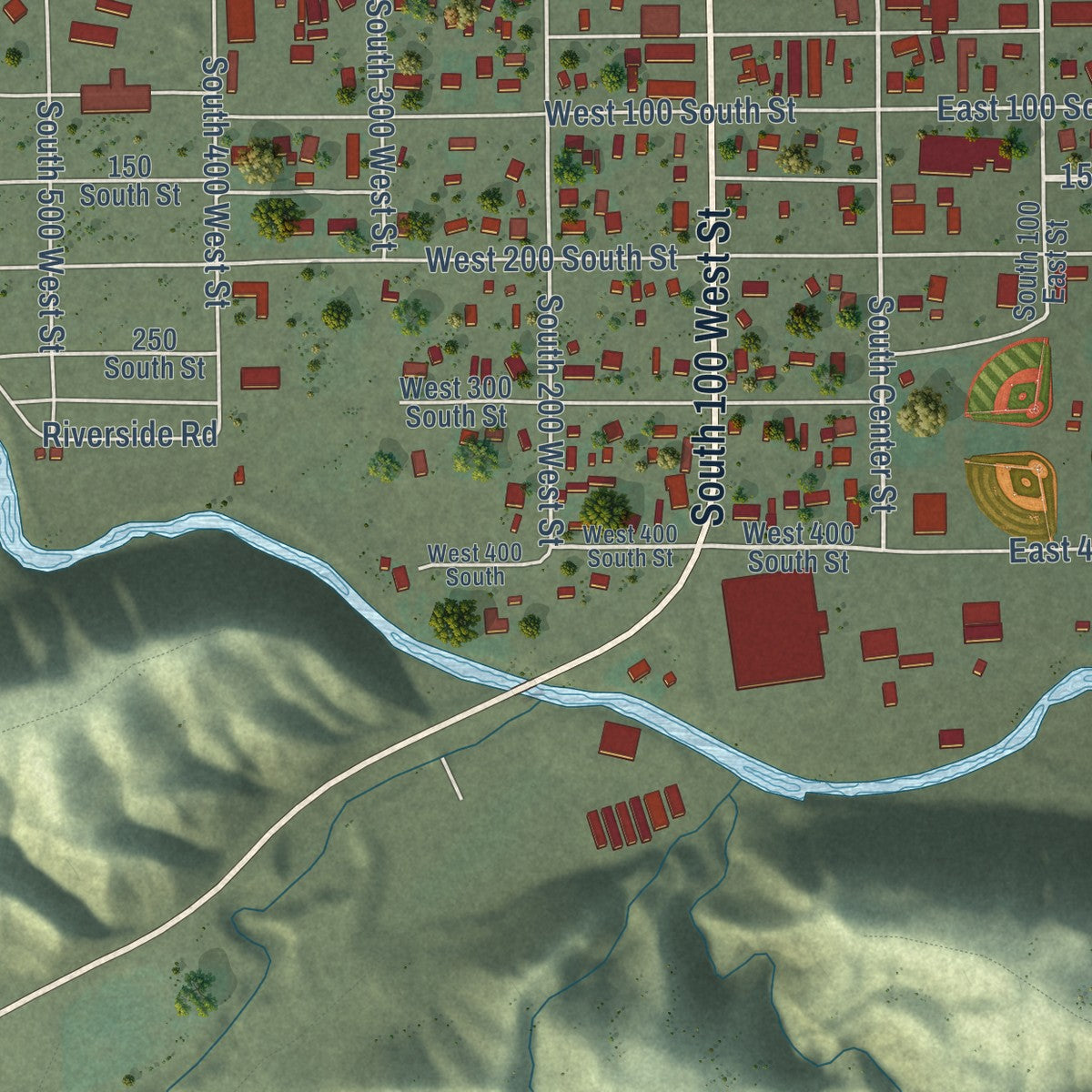 Second close-up of the map of Duchesne, Utah print showing more streets and buildings