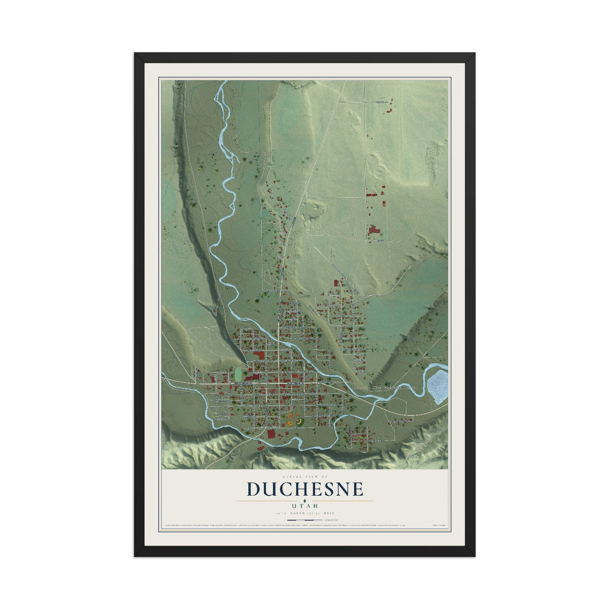 Map of Duchesne, Utah, 12 x 18 inch print in a black wood frame