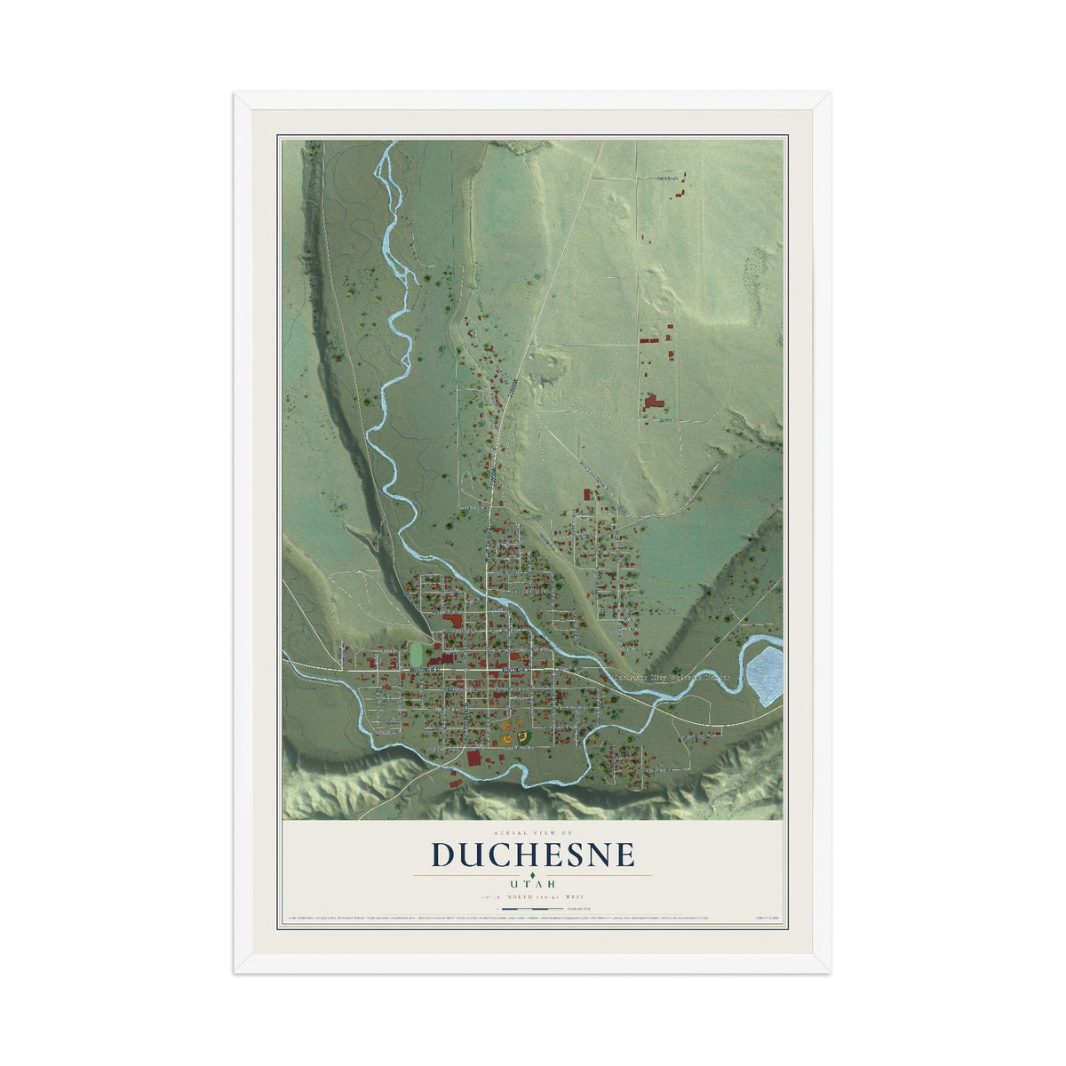 Map of Duchesne, Utah, 12 x 18 inch print in a white wood frame