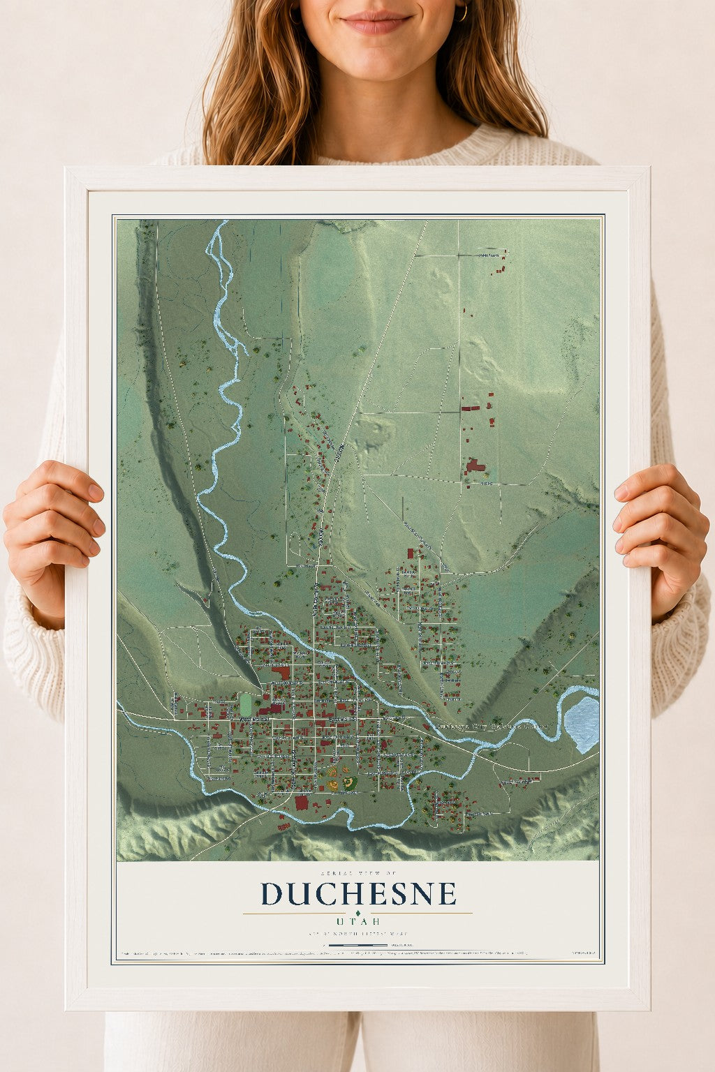 Map of Duchesne, Utah, 18 x 24 inch print in a white wood frame