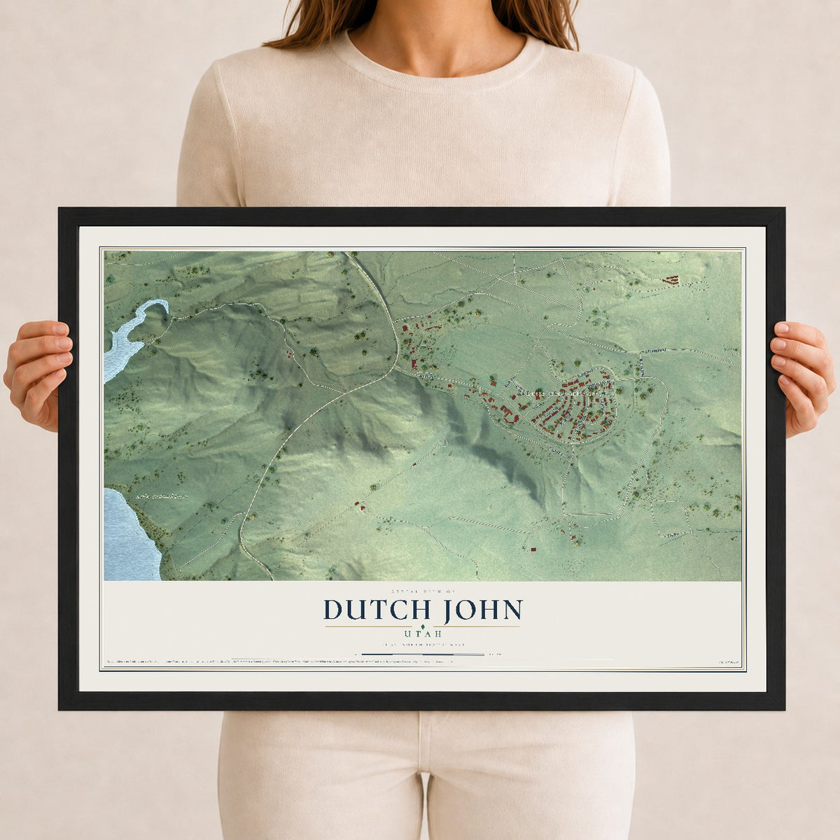 Map of Dutch John, Utah, 12 x 18 inch print in a black wood frame