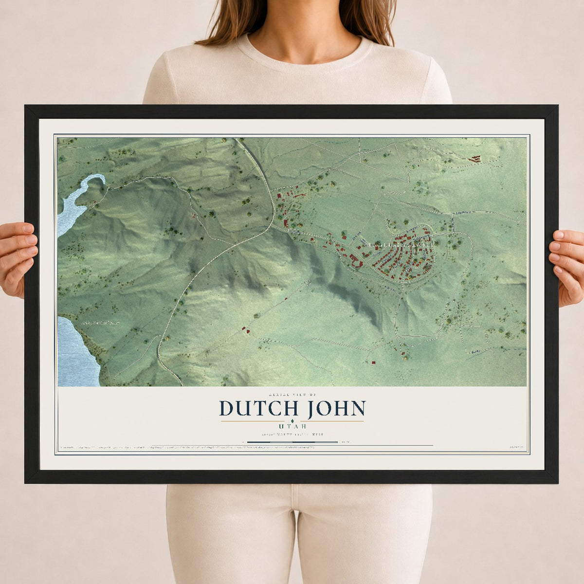 Map of Dutch John, Utah, 18 x 24 inch print in a black wood frame