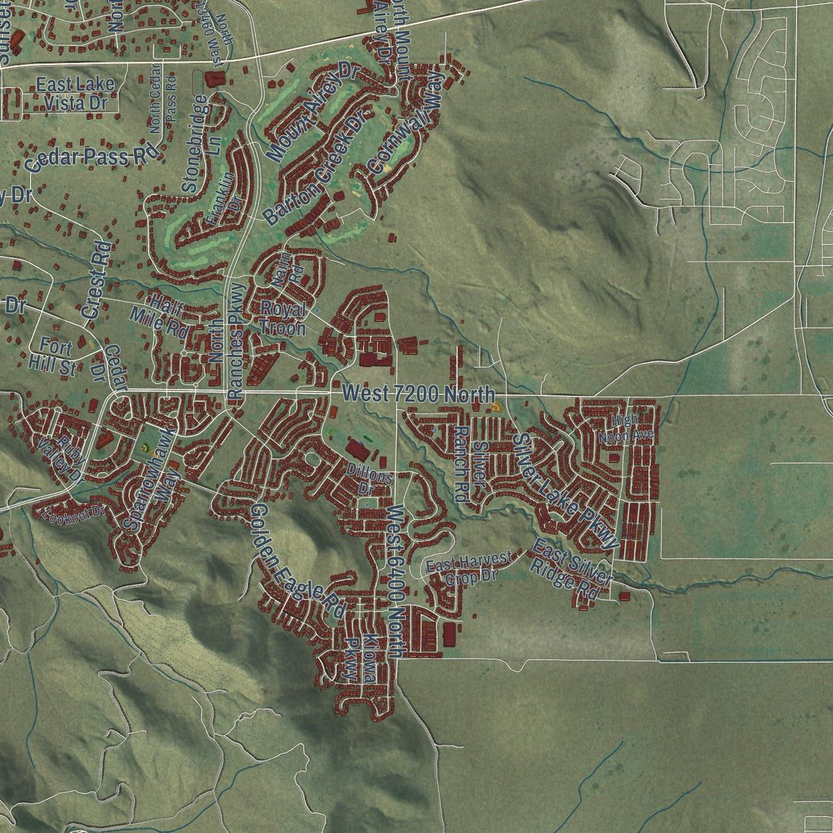 Second close-up of the map of Eagle Mountain, Utah print showing more streets and buildings