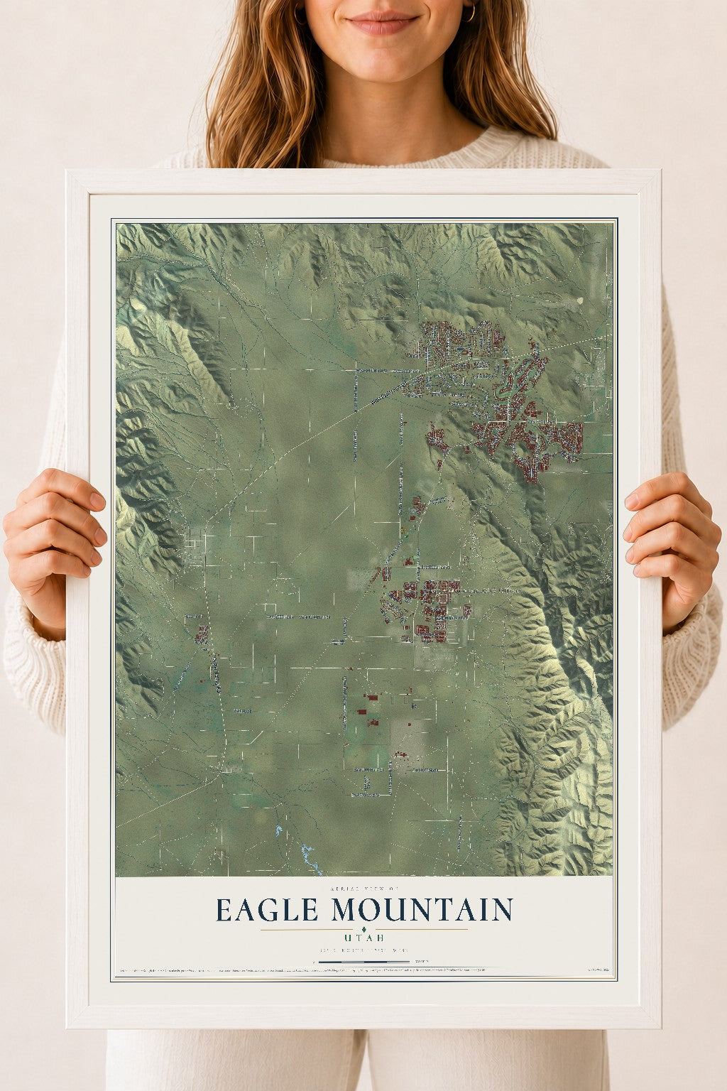 Map of Eagle Mountain, Utah, 18 x 24 inch print in a white wood frame