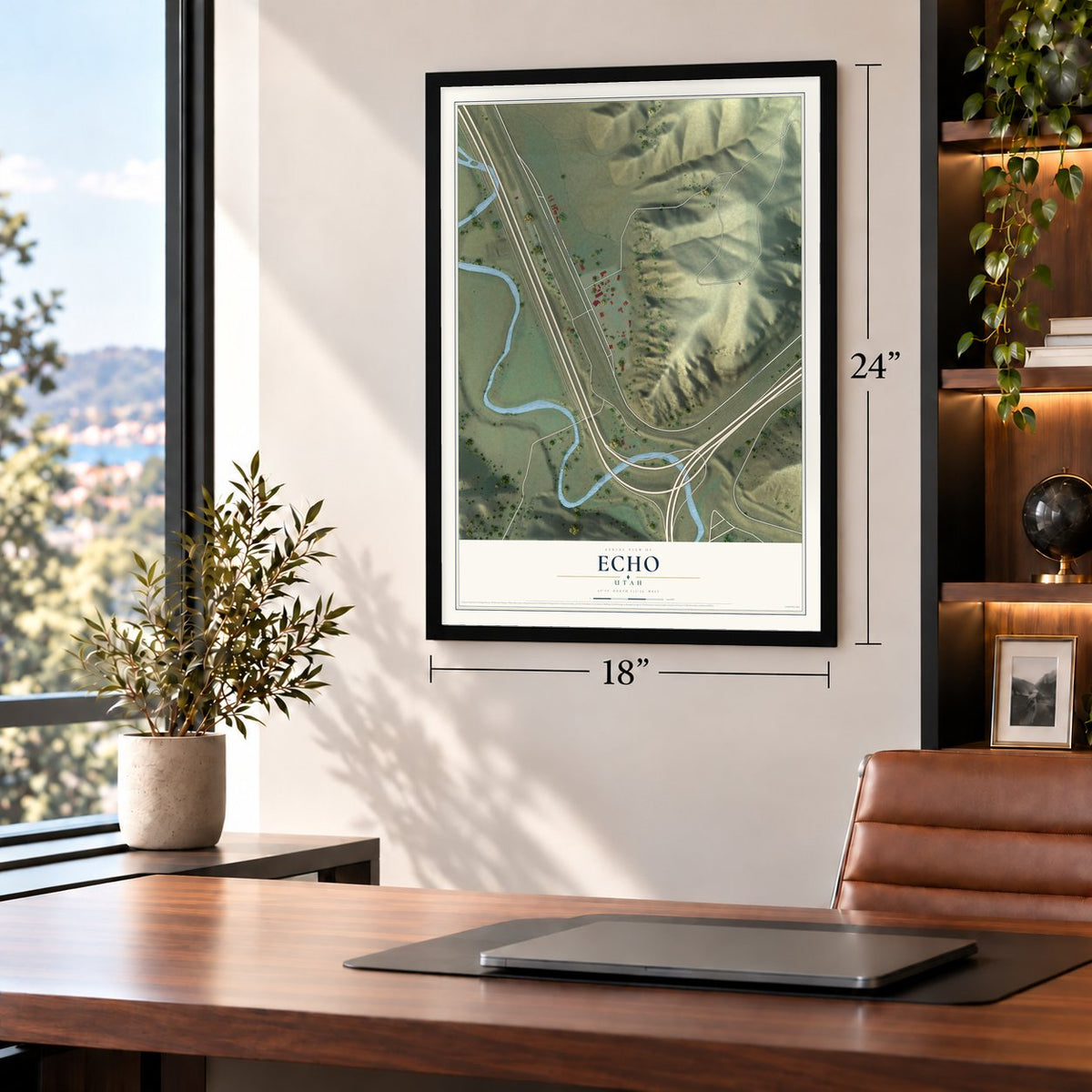 Echo, Utah map, 18 x 24 inch print in a black frame in a home office