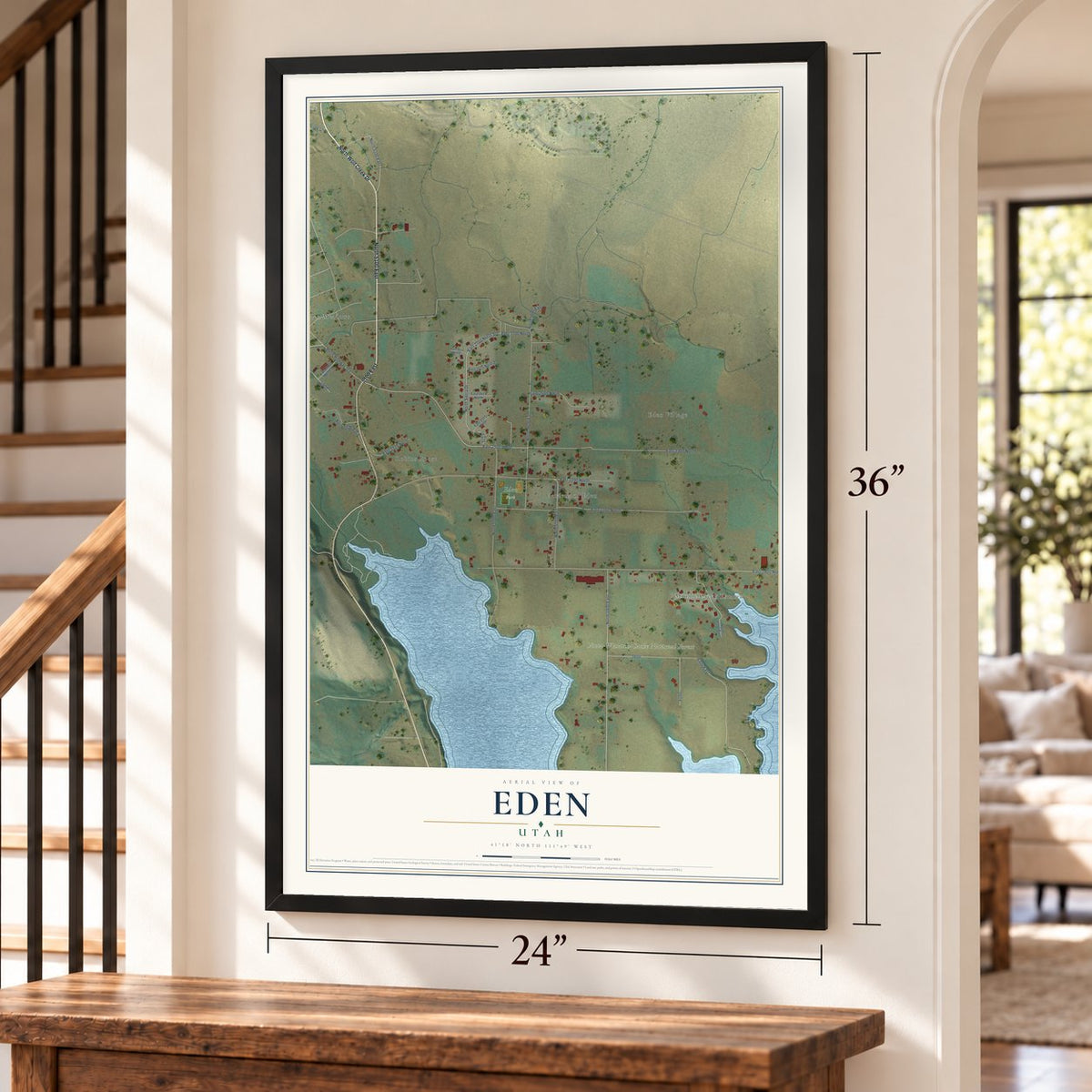 Eden, Utah map, 24 x 36 inch print in a black frame by a staircase