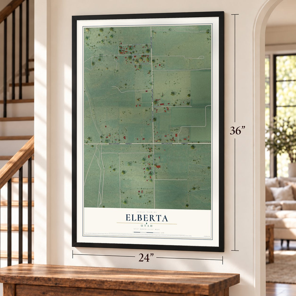 Elberta, Utah map, 24 x 36 inch print in a black frame by a staircase