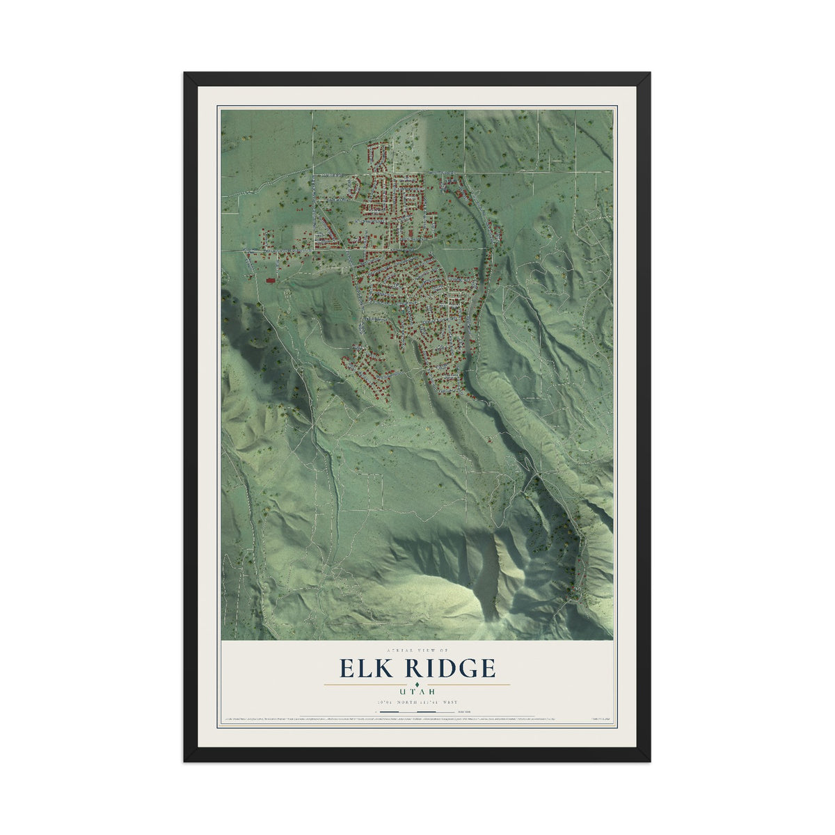 Map of Elk Ridge, Utah, 12 x 18 inch print in a black wood frame