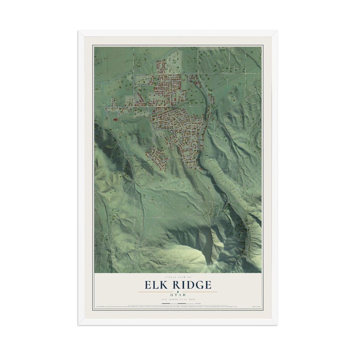 Map of Elk Ridge, Utah, 12 x 18 inch print in a white wood frame