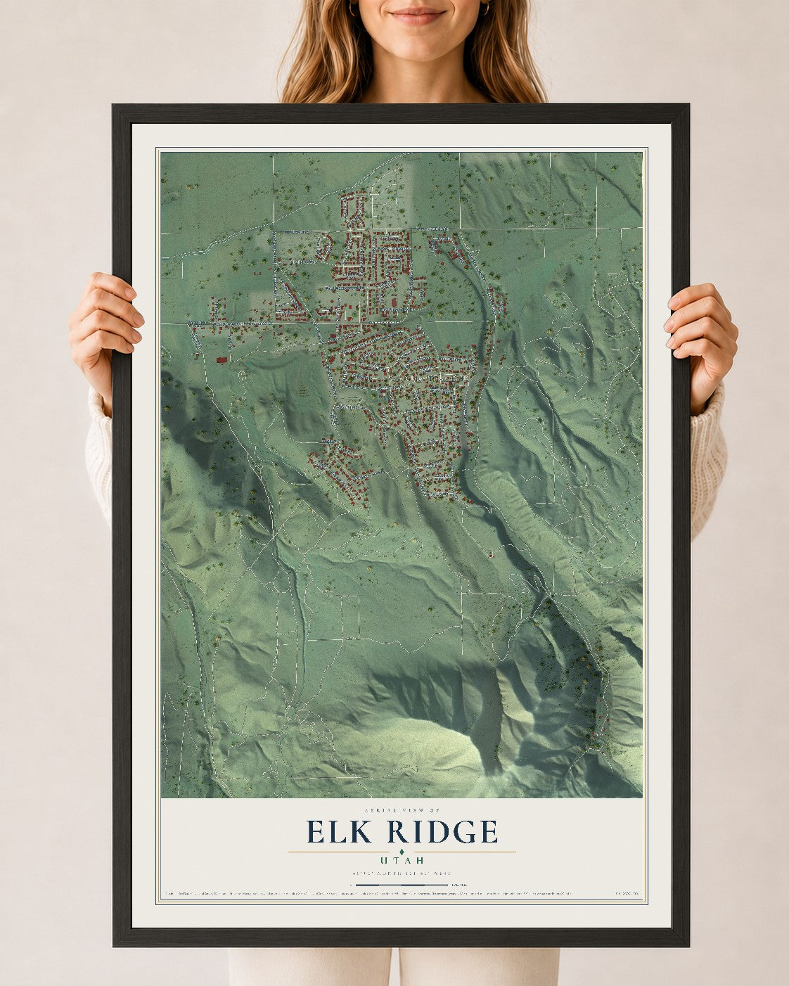Map of Elk Ridge, Utah, 24 x 36 inch print in a black wood frame