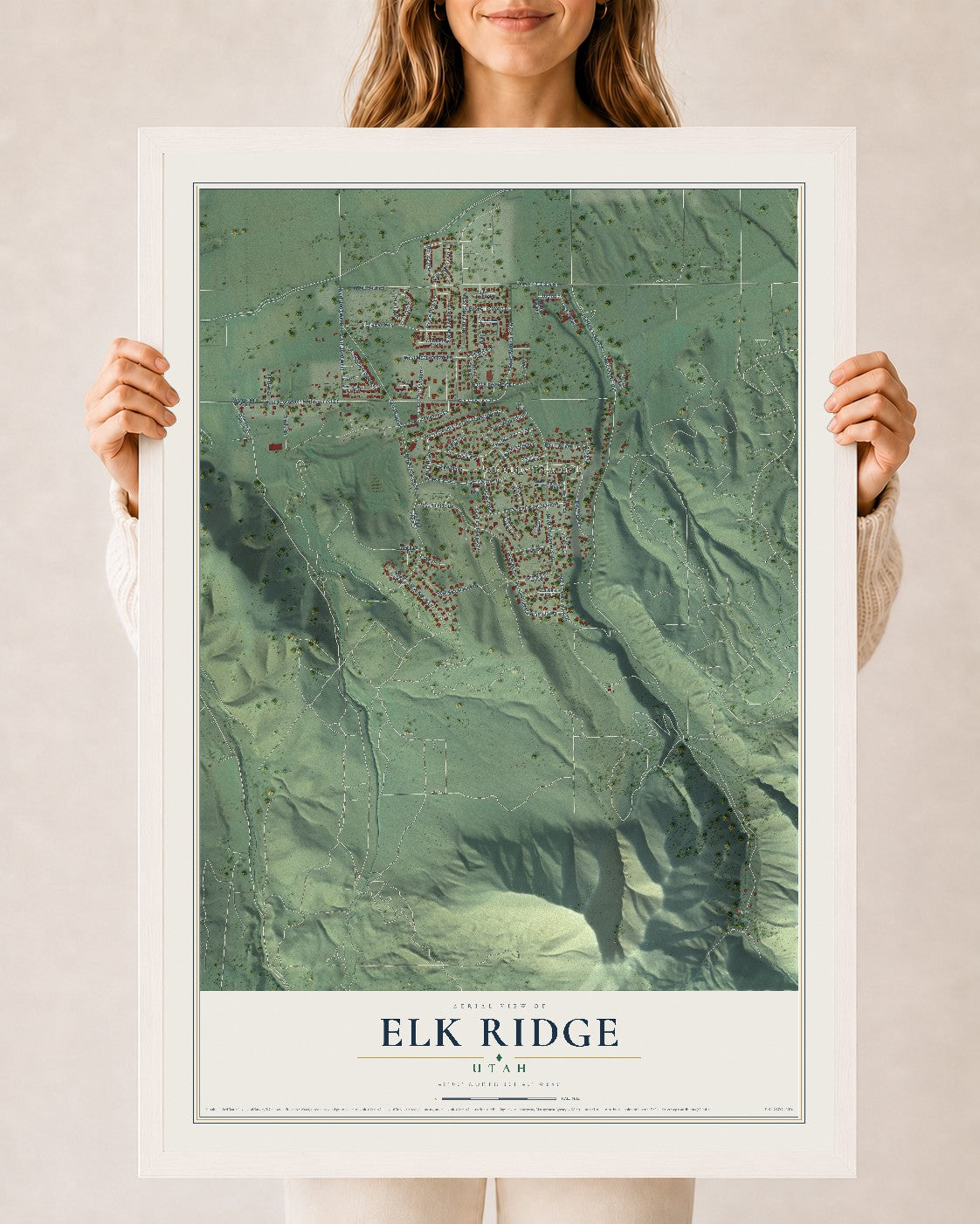 Map of Elk Ridge, Utah, 24 x 36 inch print in a white wood frame