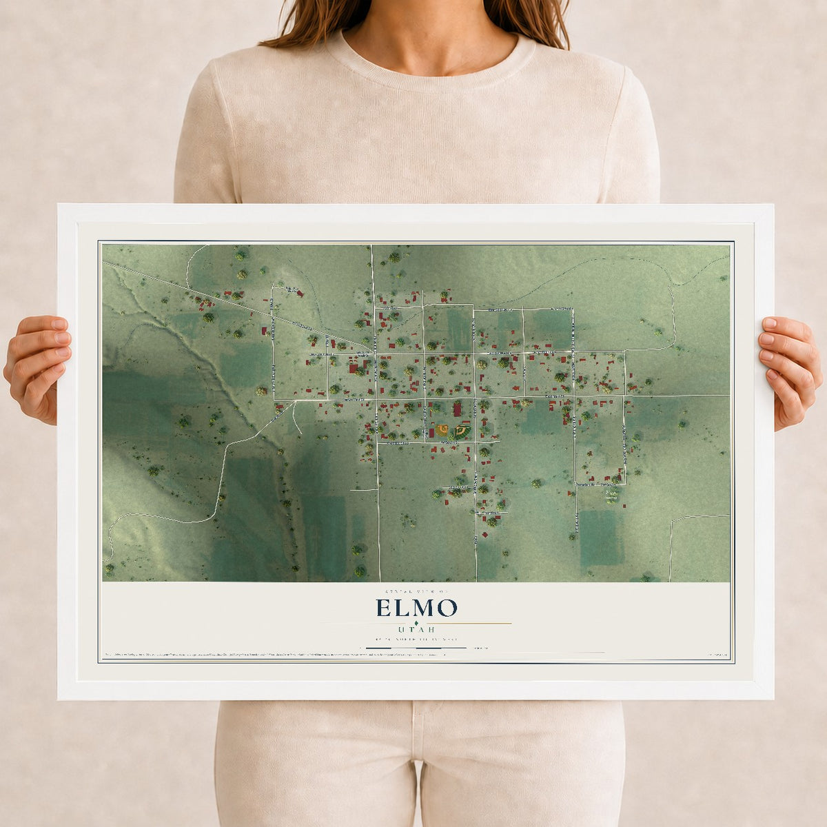 Map of Elmo, Utah, 12 x 18 inch print in a white wood frame