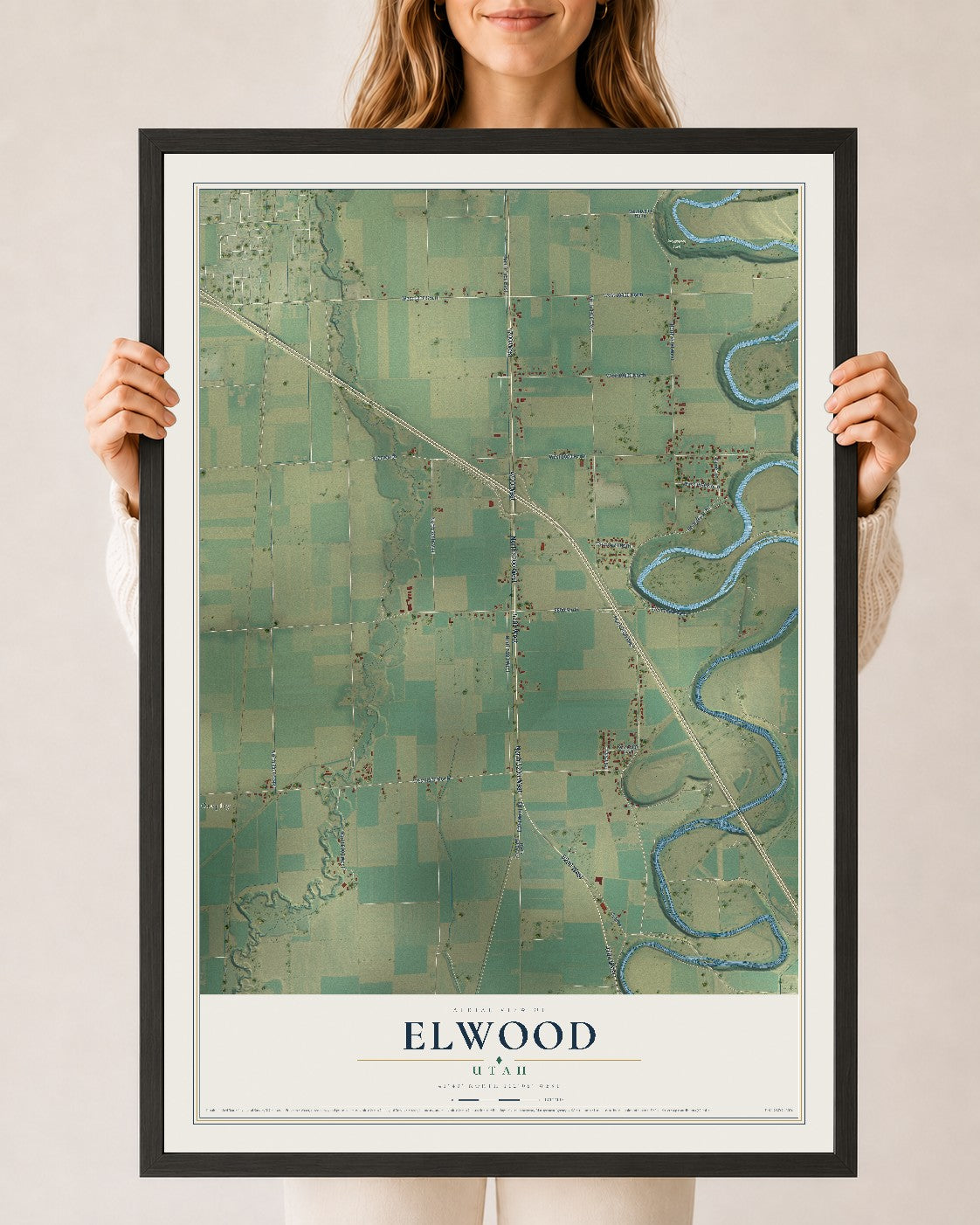 Map of Elwood, Utah, 24 x 36 inch print in a black wood frame