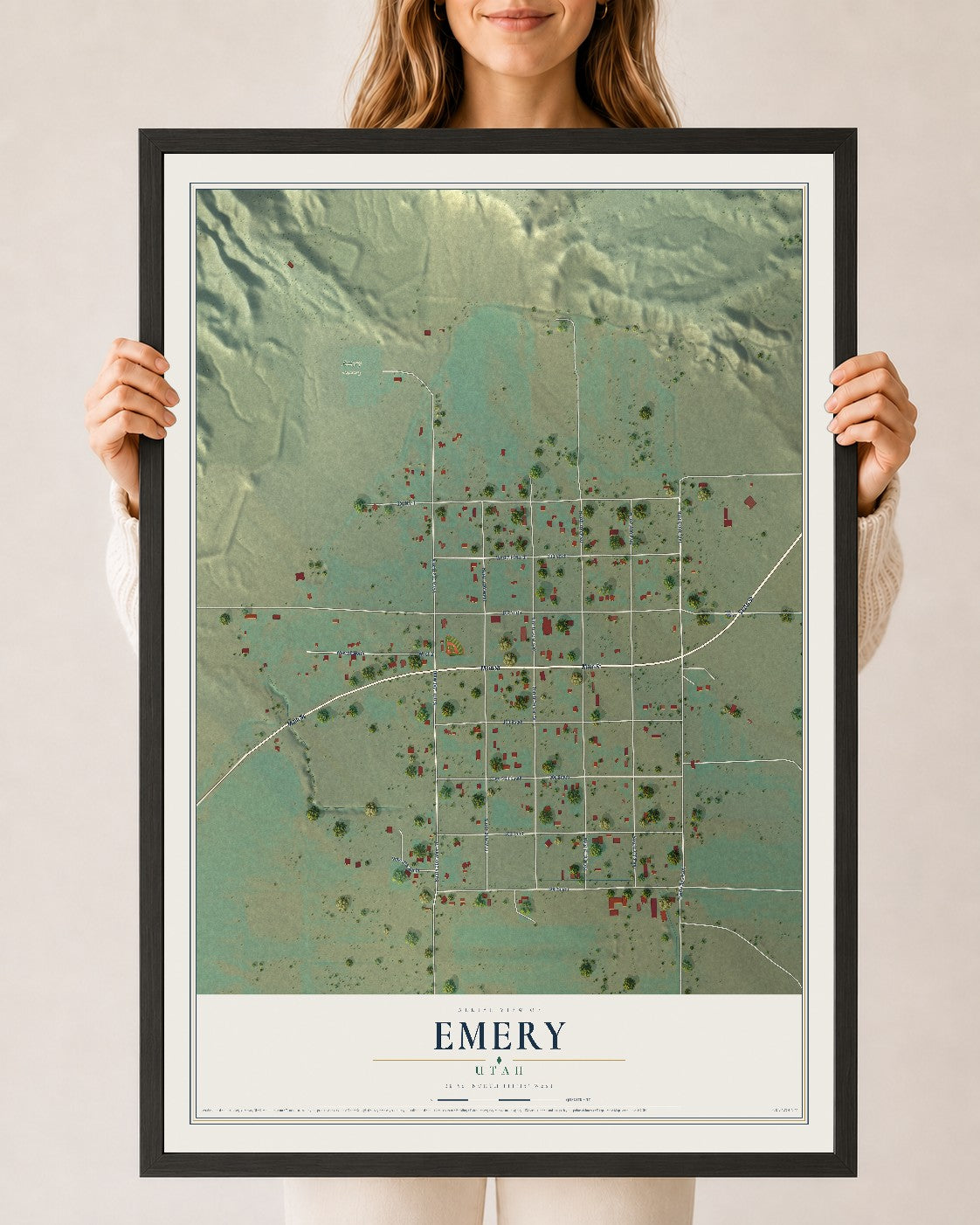 Map of Emery, Utah, 24 x 36 inch print in a black wood frame