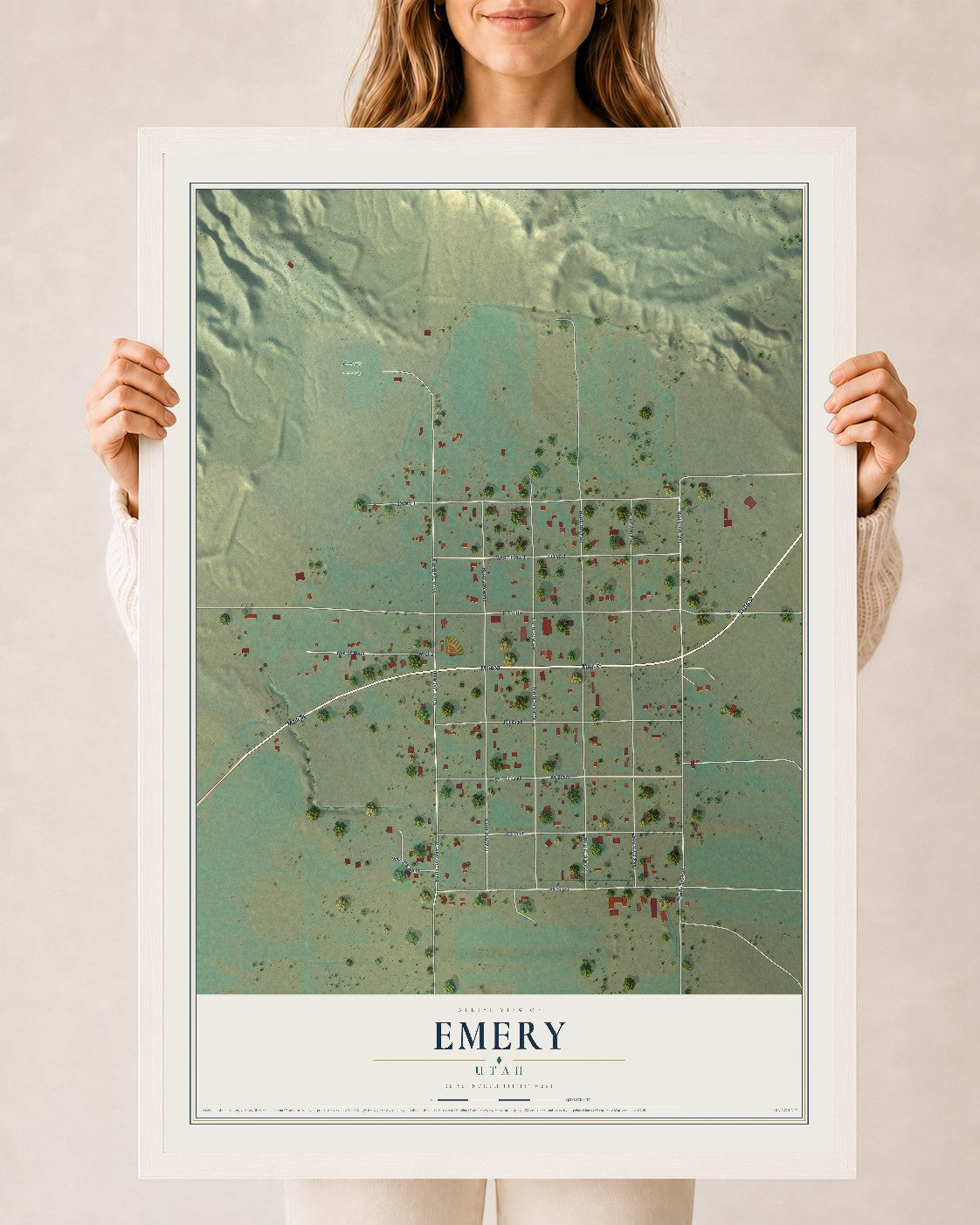 Map of Emery, Utah, 24 x 36 inch print in a white wood frame