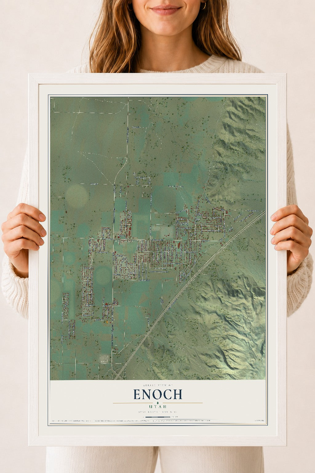 Map of Enoch, Utah, 18 x 24 inch print in a white wood frame