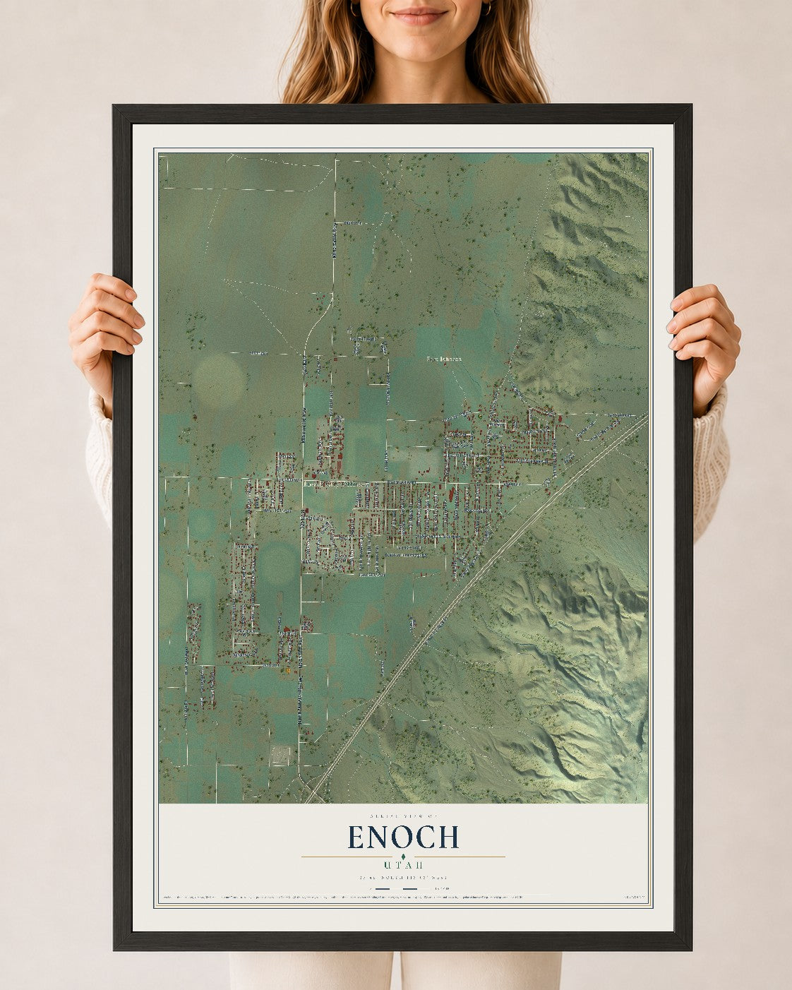 Map of Enoch, Utah, 24 x 36 inch print in a black wood frame