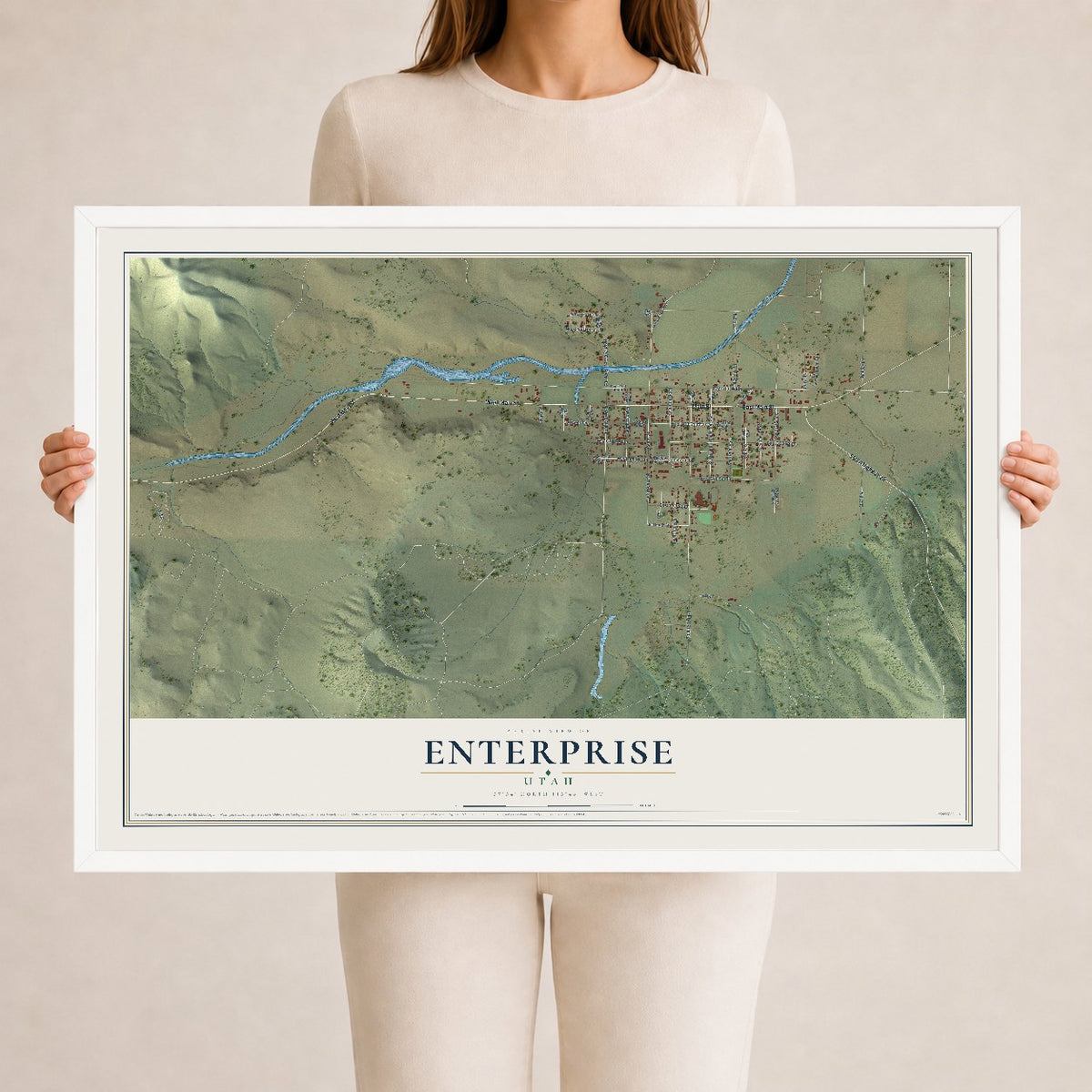 Map of Enterprise, Utah, 24 x 36 inch print in a white wood frame