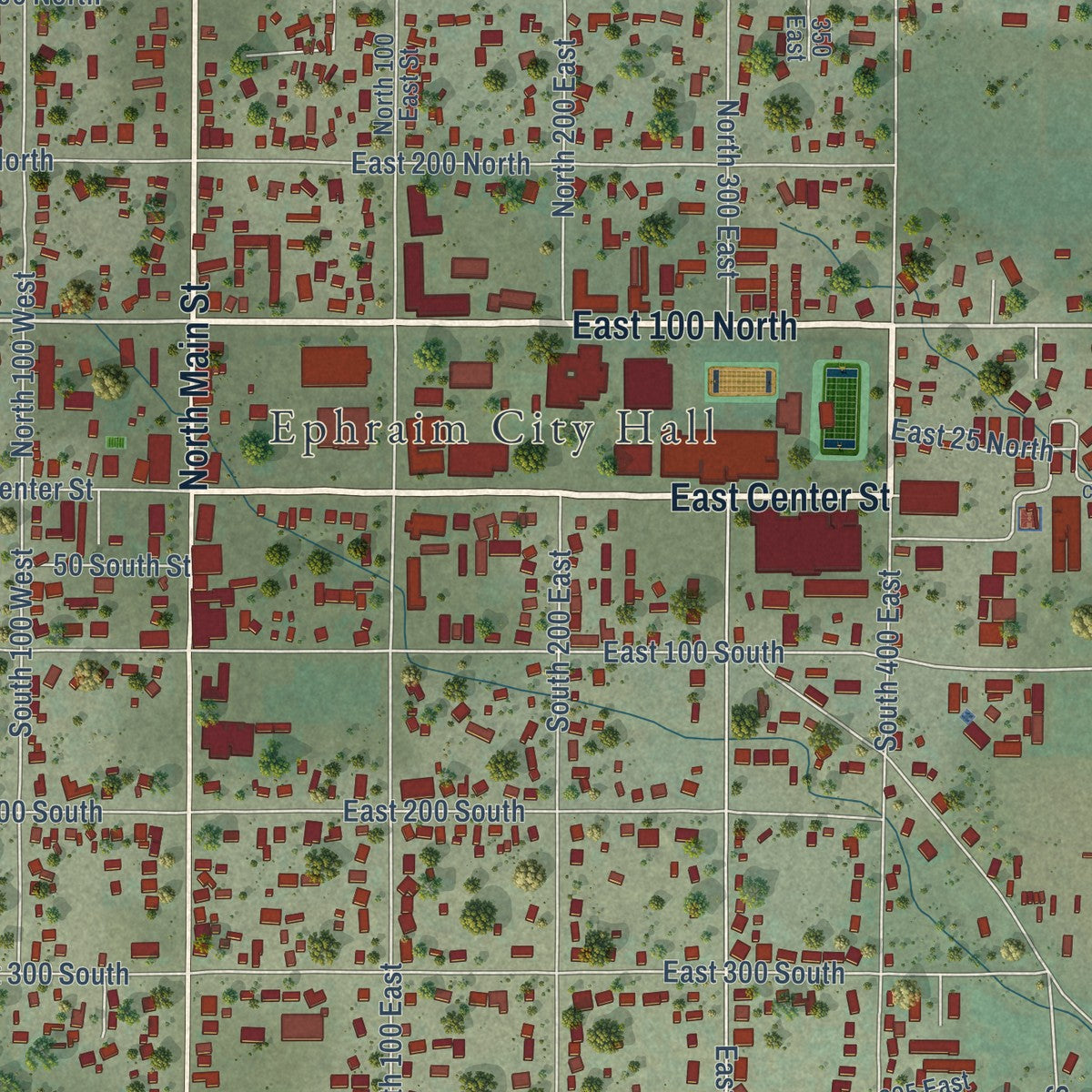 Close-up of the map of Ephraim, Utah print showing street and building detail