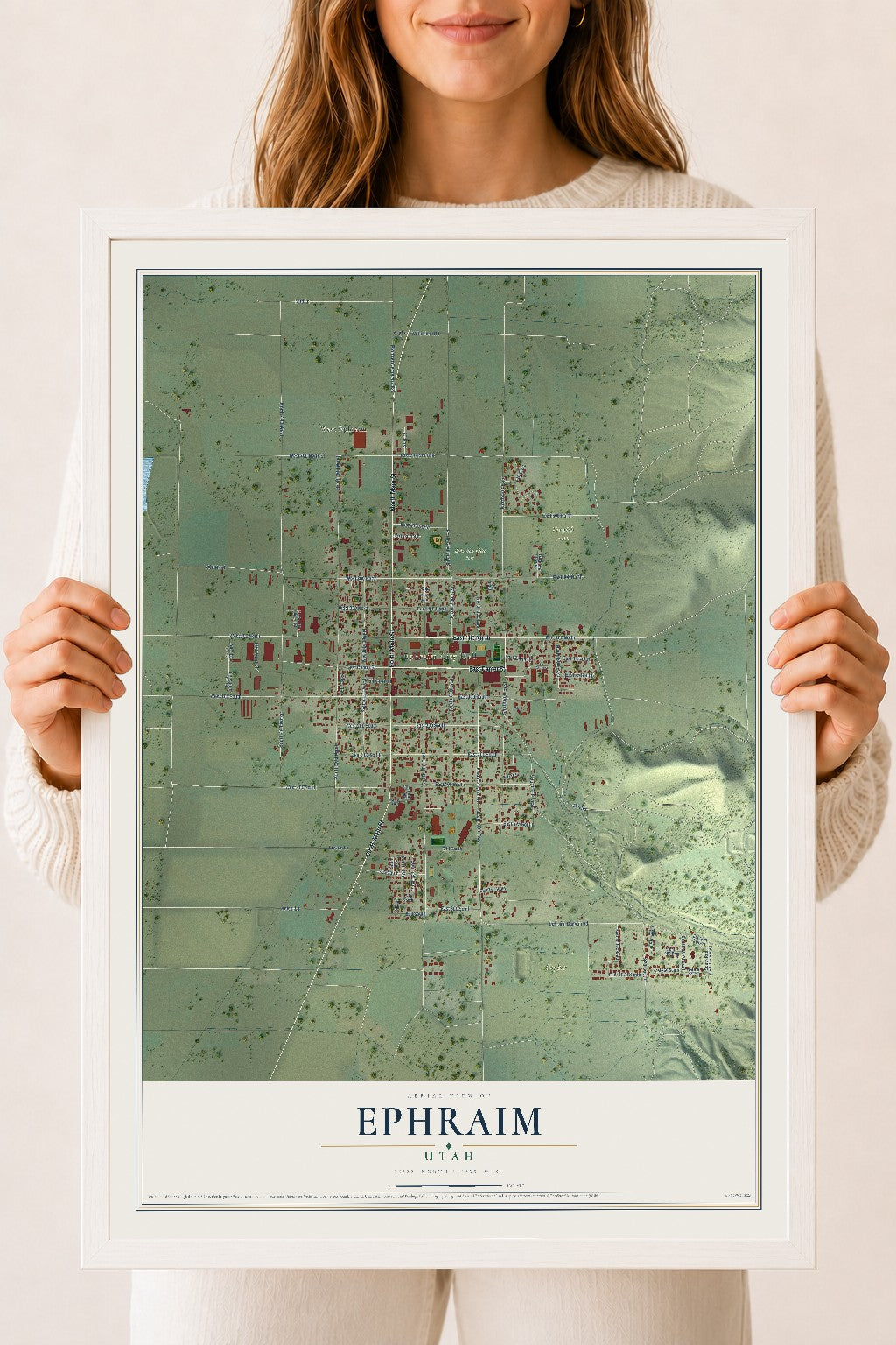 Map of Ephraim, Utah, 18 x 24 inch print in a white wood frame