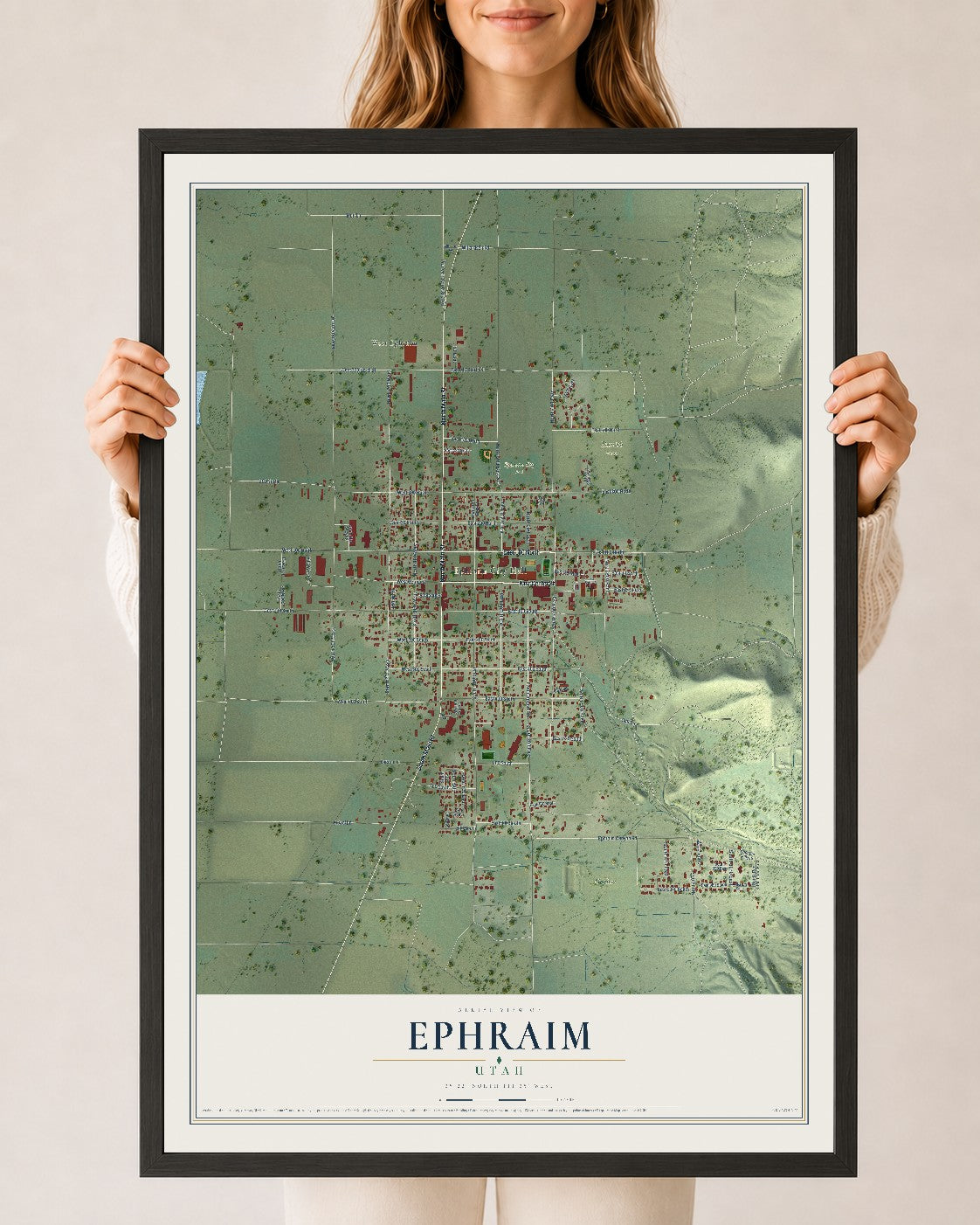 Map of Ephraim, Utah, 24 x 36 inch print in a black wood frame