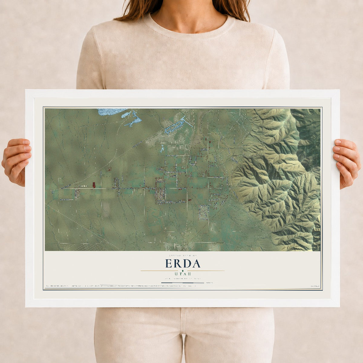 Map of Erda, Utah, 12 x 18 inch print in a white wood frame