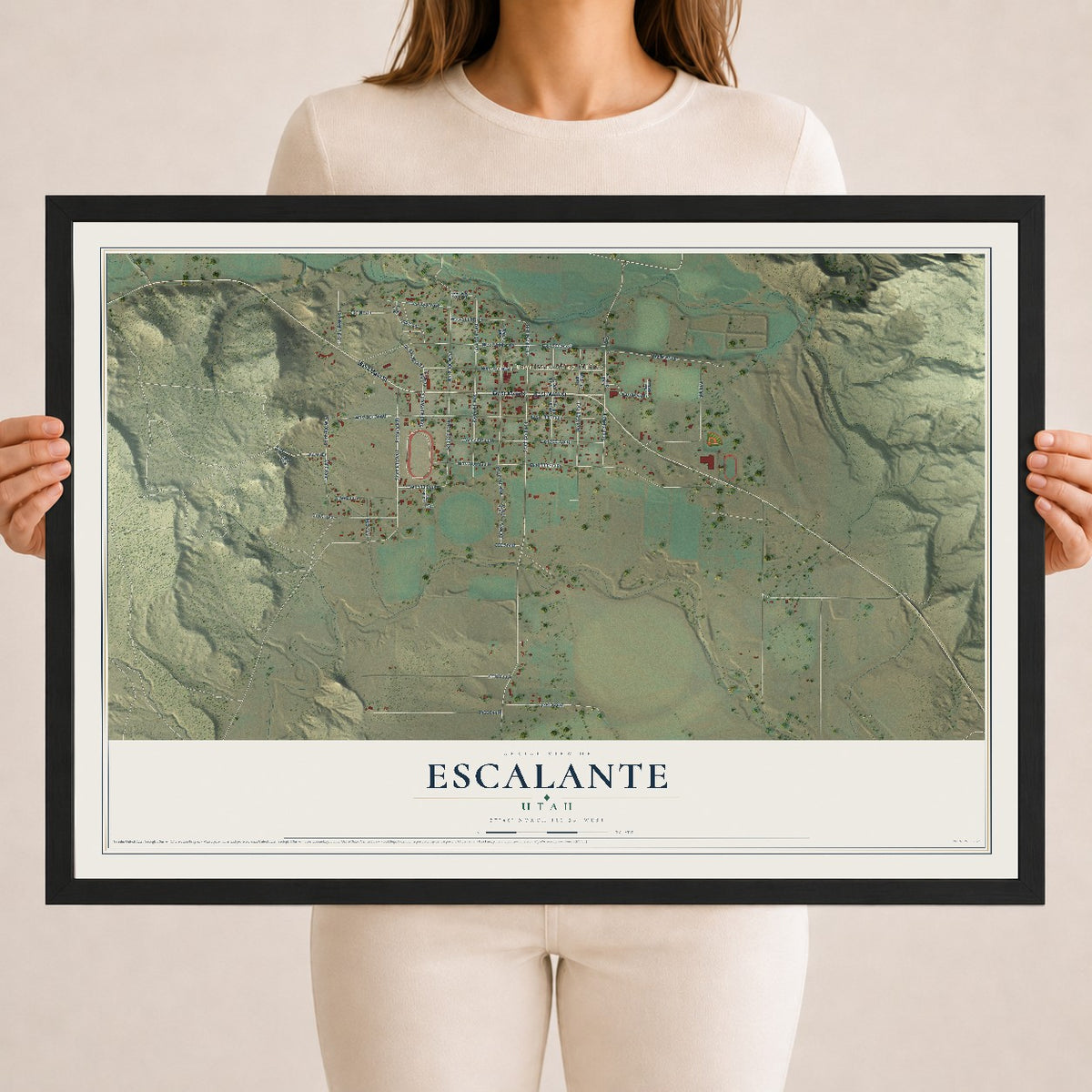Map of Escalante, Utah, 18 x 24 inch print in a black wood frame