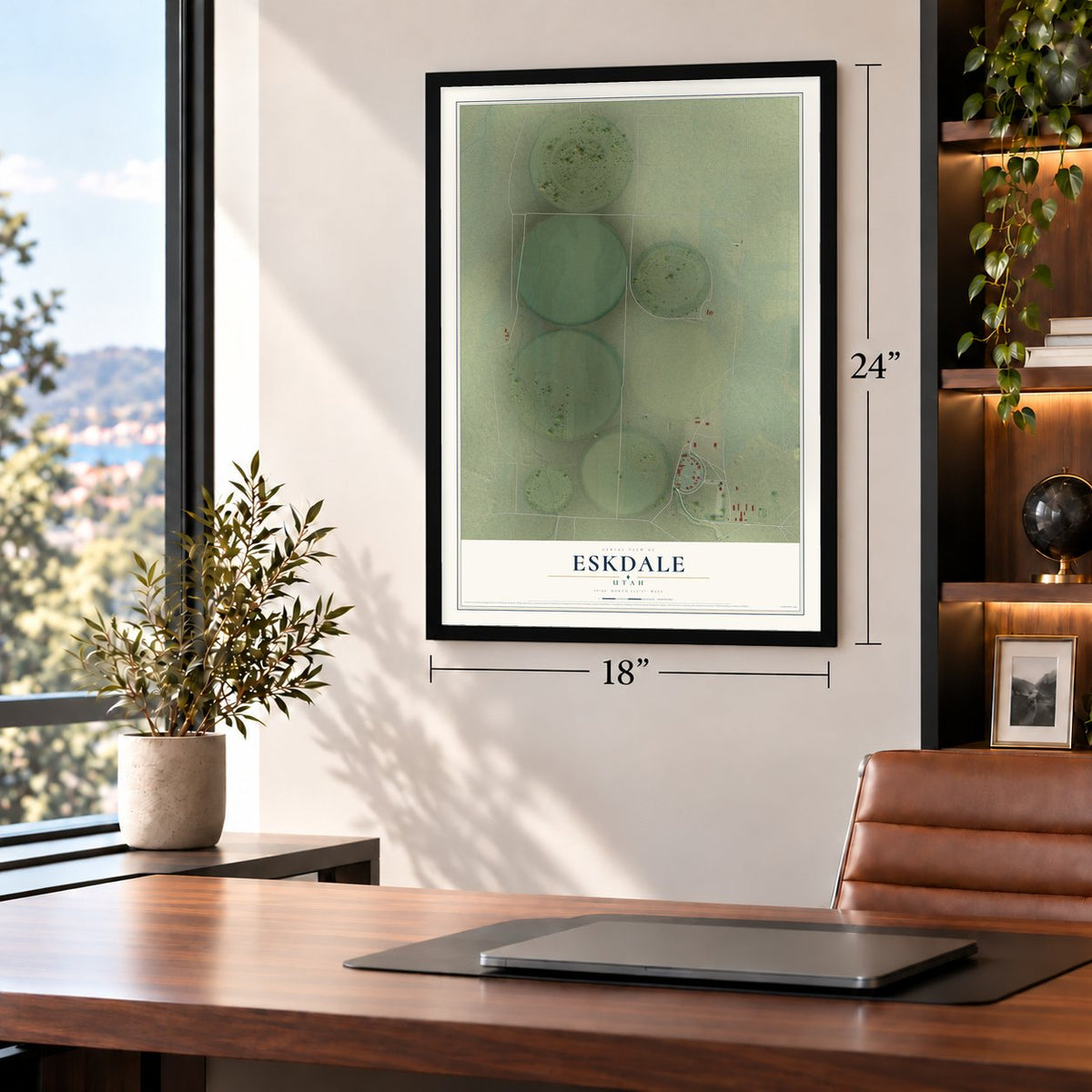 Eskdale, Utah map, 18 x 24 inch print in a black frame in a home office
