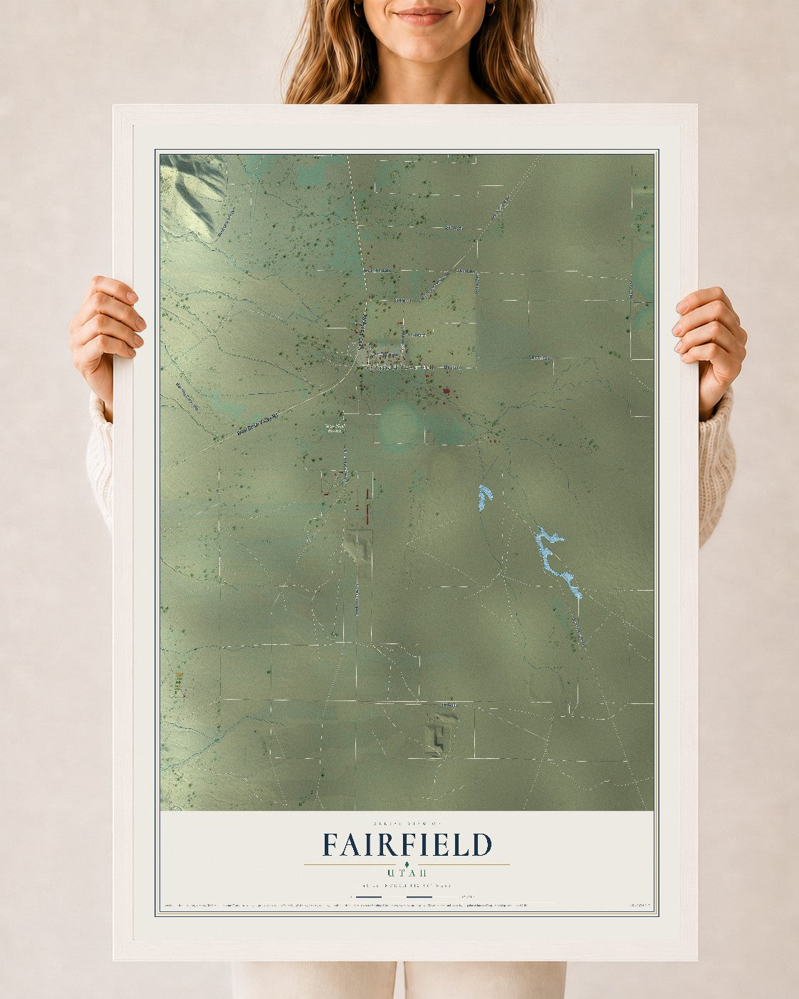 Map of Fairfield, Utah, 24 x 36 inch print in a white wood frame