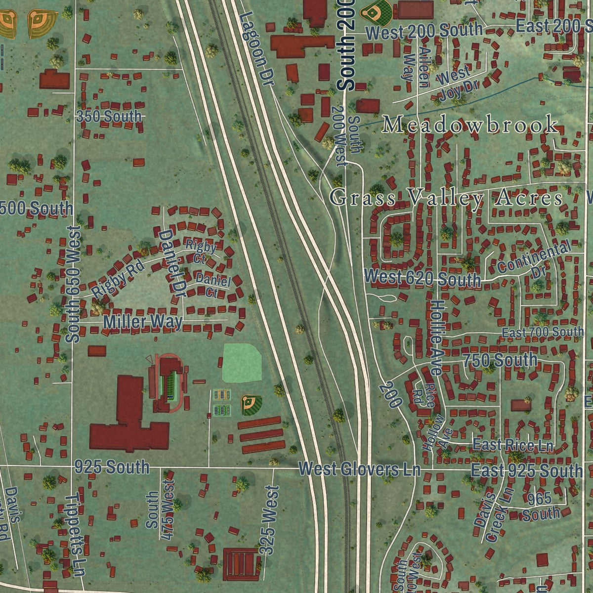 Close-up of the map of Farmington, Utah print showing street and building detail