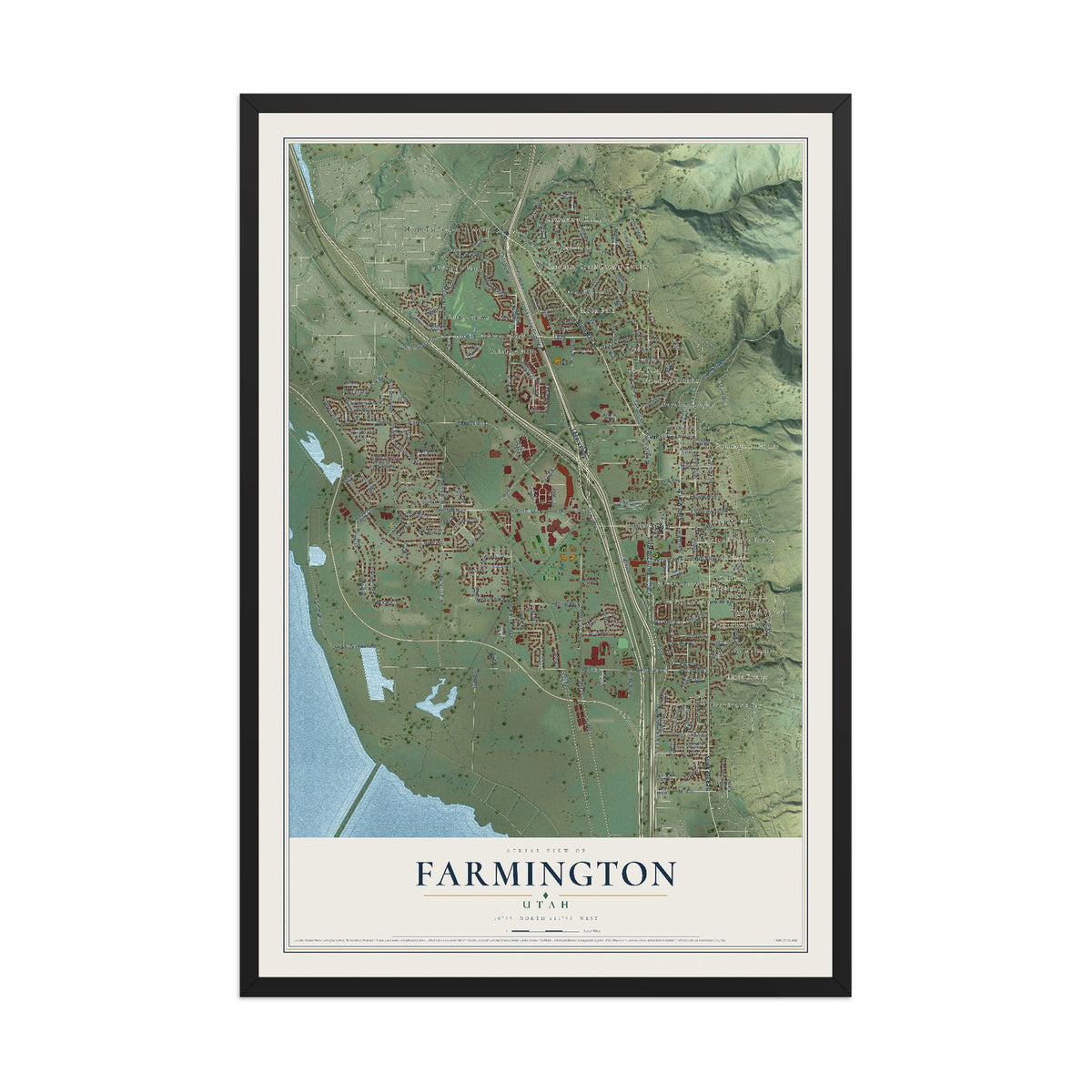 Map of Farmington, Utah, 12 x 18 inch print in a black wood frame
