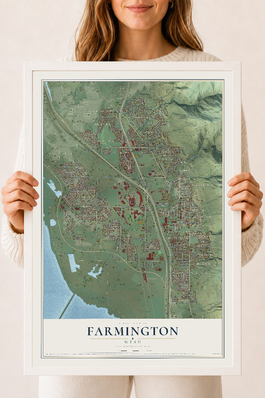 Map of Farmington, Utah, 18 x 24 inch print in a white wood frame