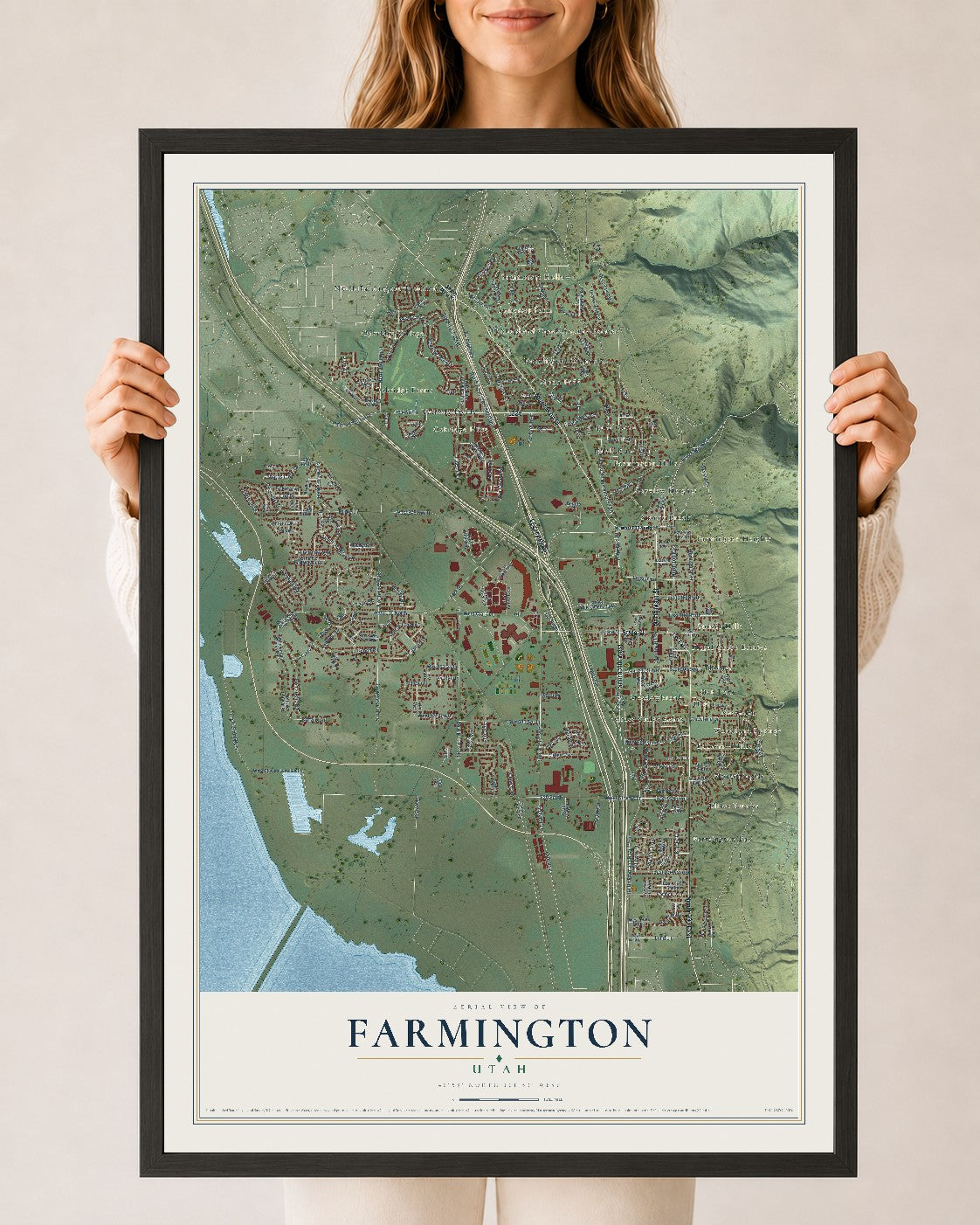 Map of Farmington, Utah, 24 x 36 inch print in a black wood frame