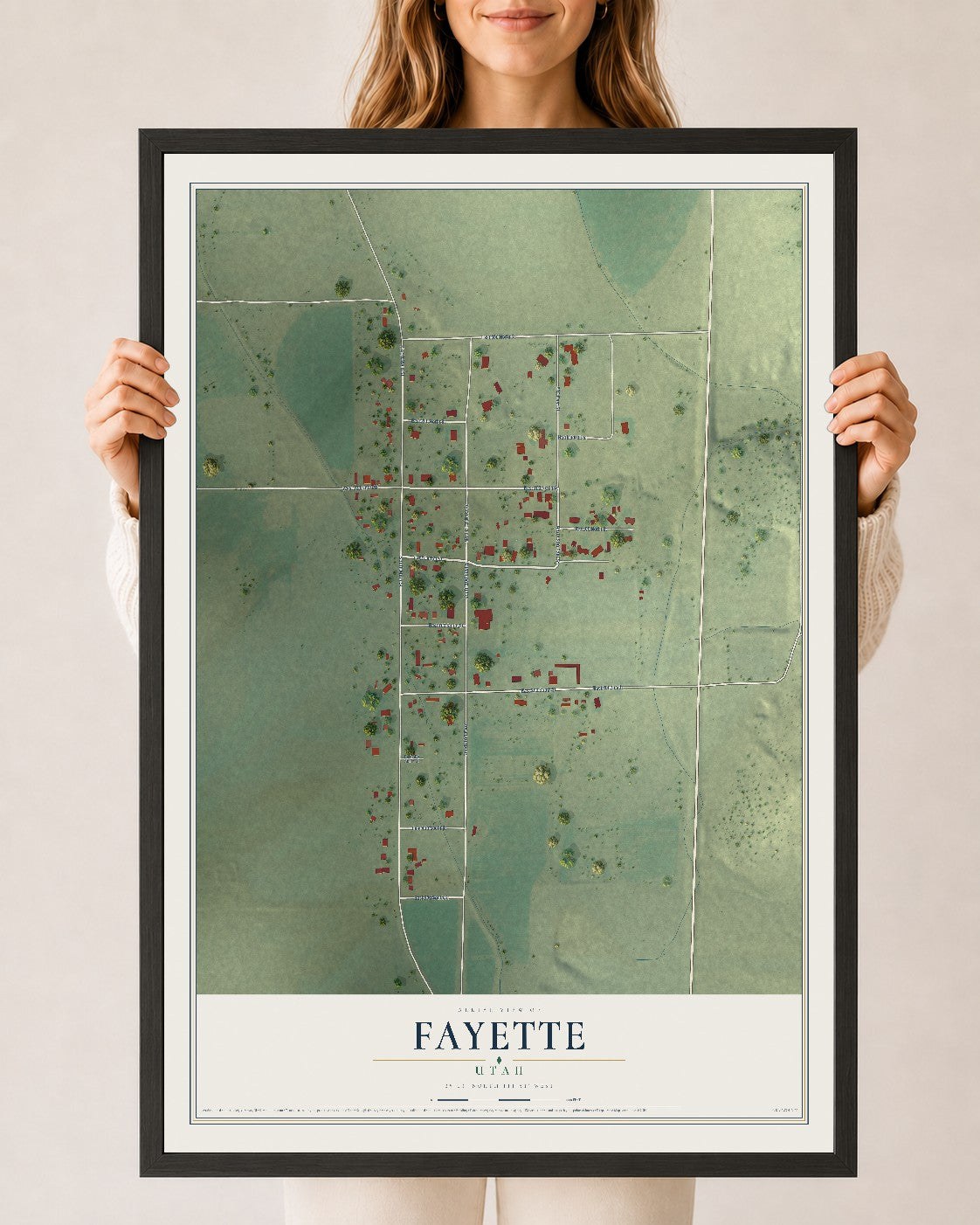 Map of Fayette, Utah, 24 x 36 inch print in a black wood frame