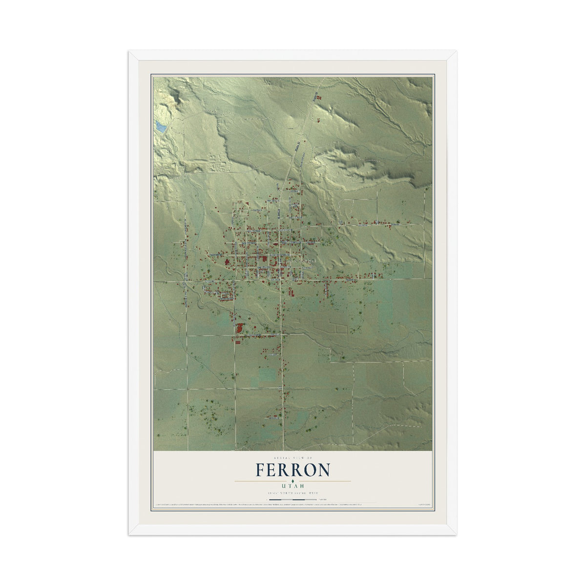 Map of Ferron, Utah, 12 x 18 inch print in a white wood frame
