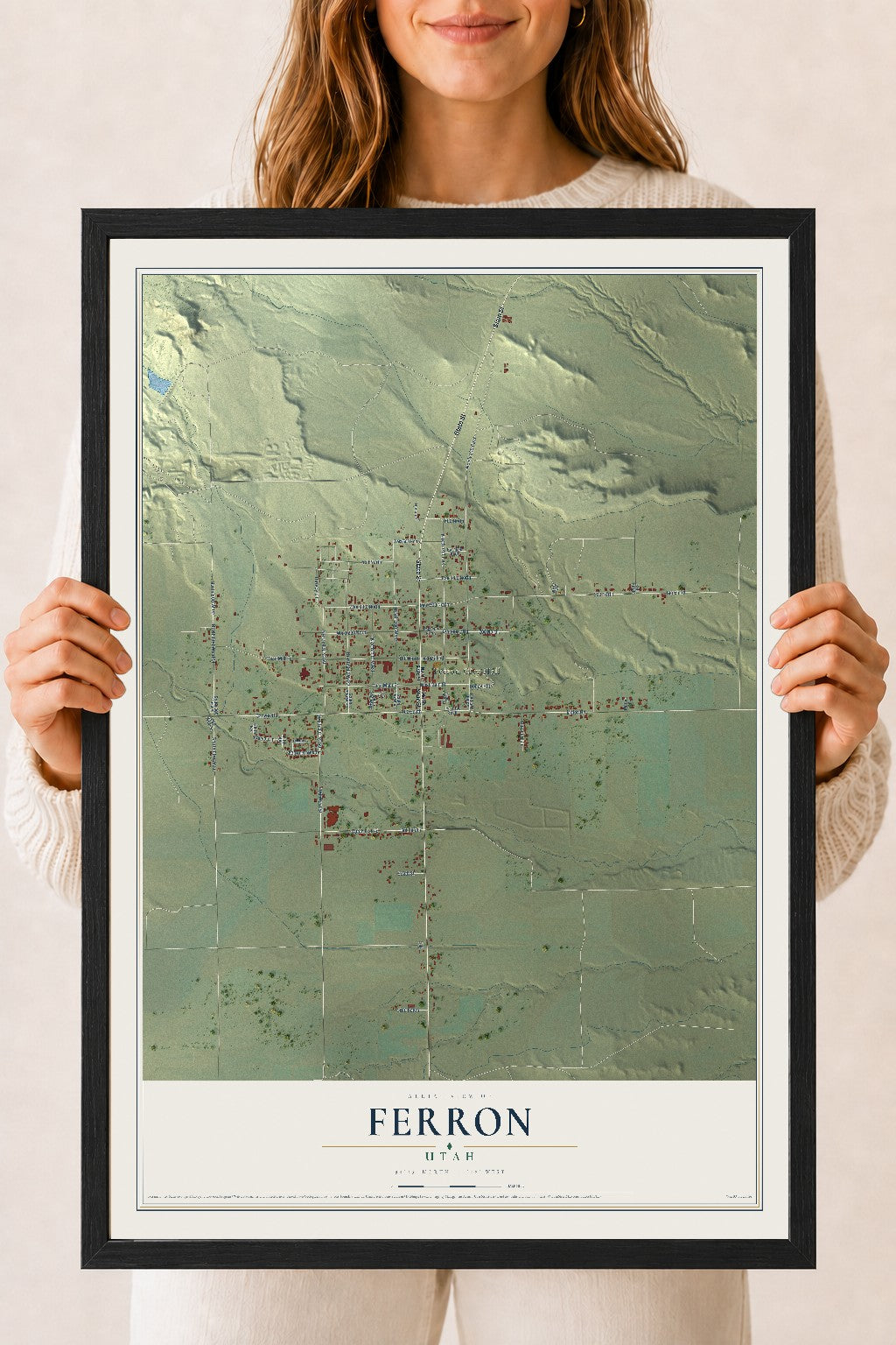 Map of Ferron, Utah, 18 x 24 inch print in a black wood frame