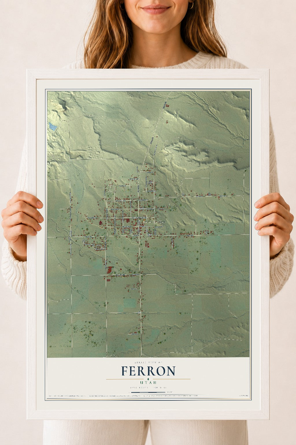 Map of Ferron, Utah, 18 x 24 inch print in a white wood frame
