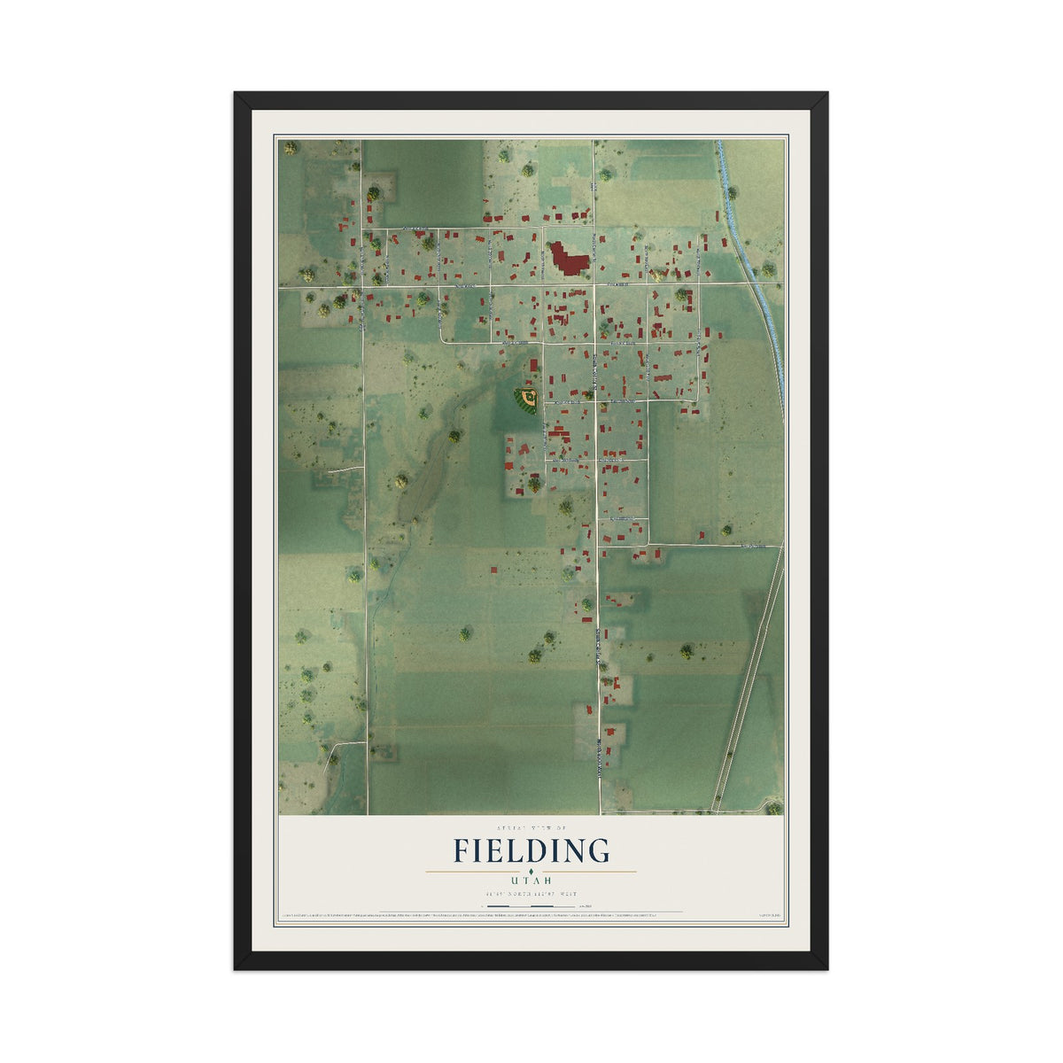 Map of Fielding, Utah, 12 x 18 inch print in a black wood frame