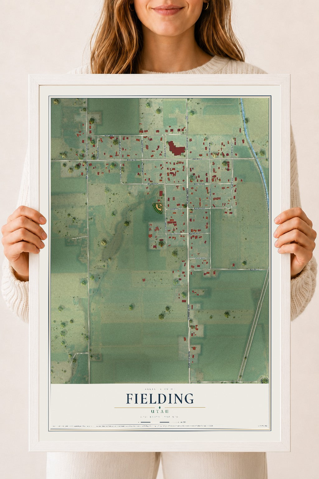 Map of Fielding, Utah, 18 x 24 inch print in a white wood frame