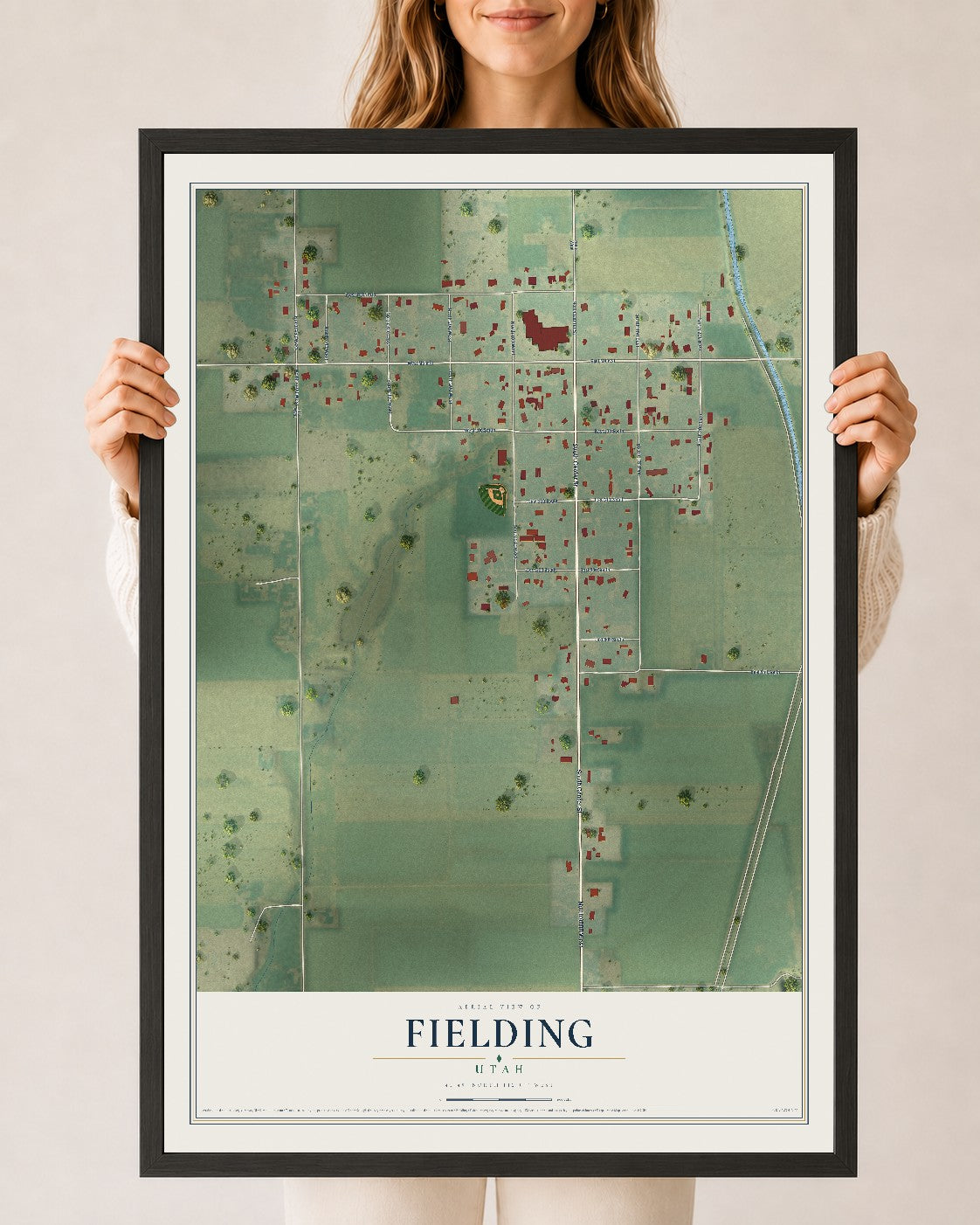 Map of Fielding, Utah, 24 x 36 inch print in a black wood frame