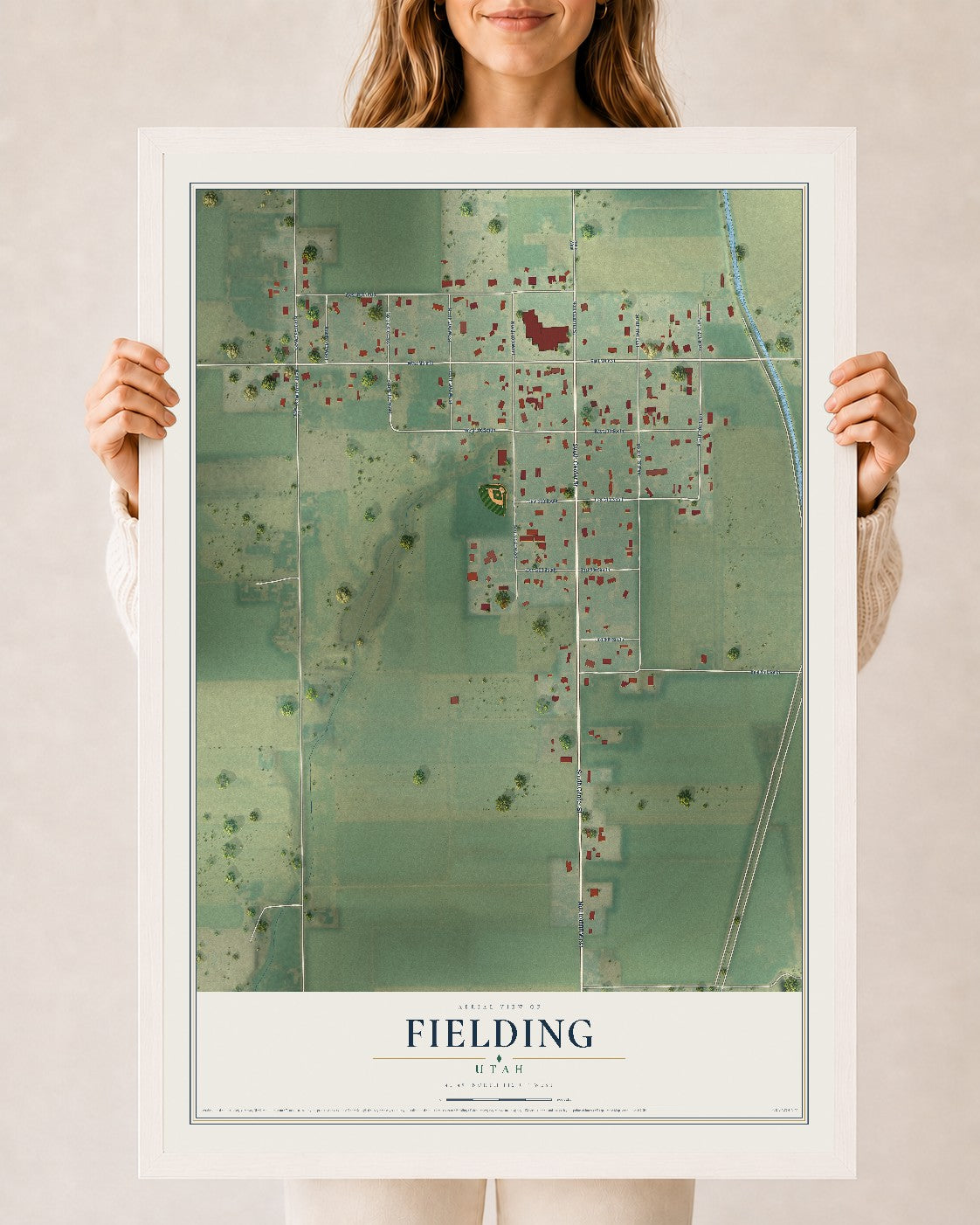 Map of Fielding, Utah, 24 x 36 inch print in a white wood frame